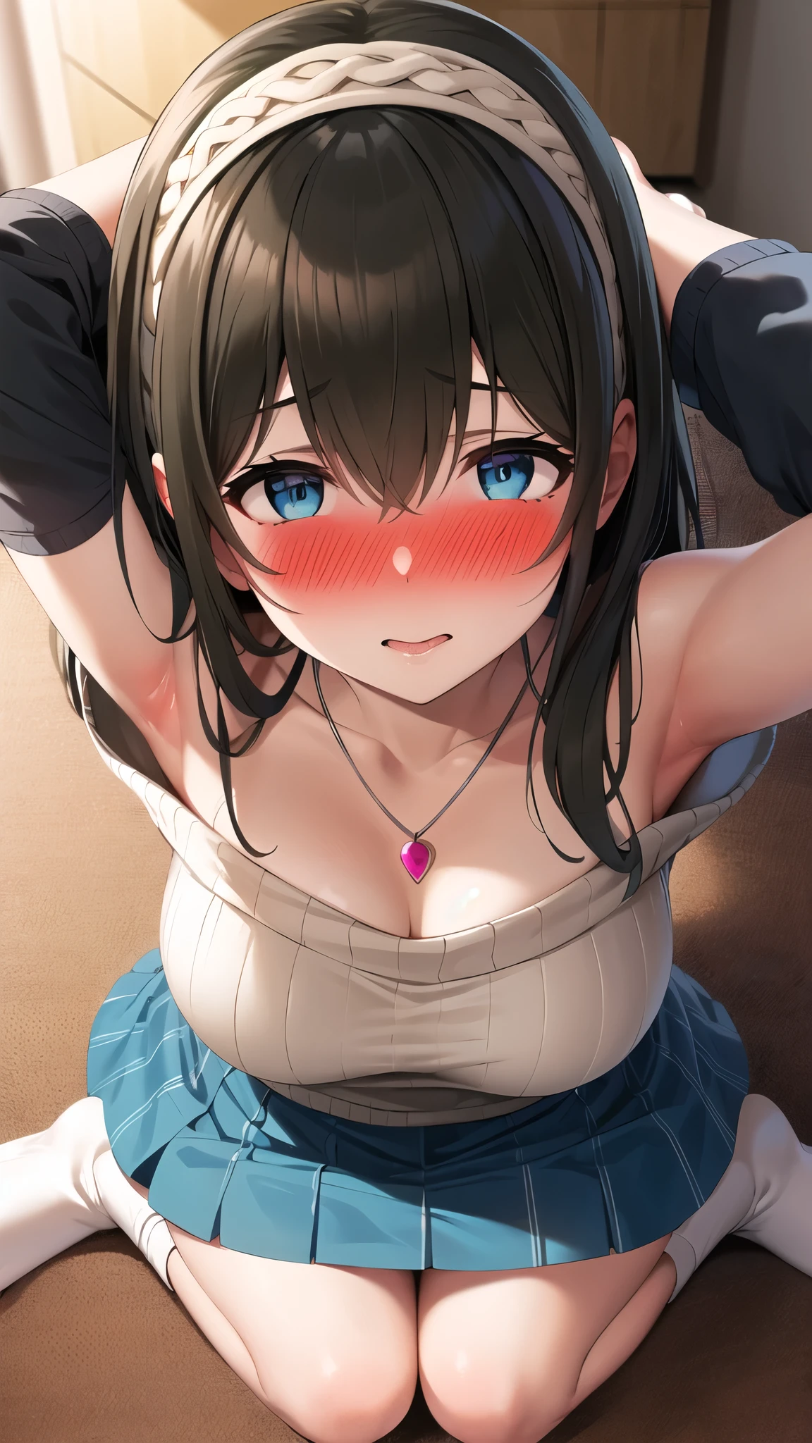 ((squat)), ((Spread your legs)),((Put your arms behind your head)),8k,Best Quality,masterpiece, Best Quality, High resolution, 1 girl, Alone,bb Fumika, The Idolmaster,valley,Long Hair, Hairbands, clavicle, necklace, Clevis, Off-the-shoulder sweater, White sweater, Blue Skirt , Large Breasts ,Black panties,Pussy Line,(Feeling embarrassed),mbarrassed,Suck on That , POV Fellatio,