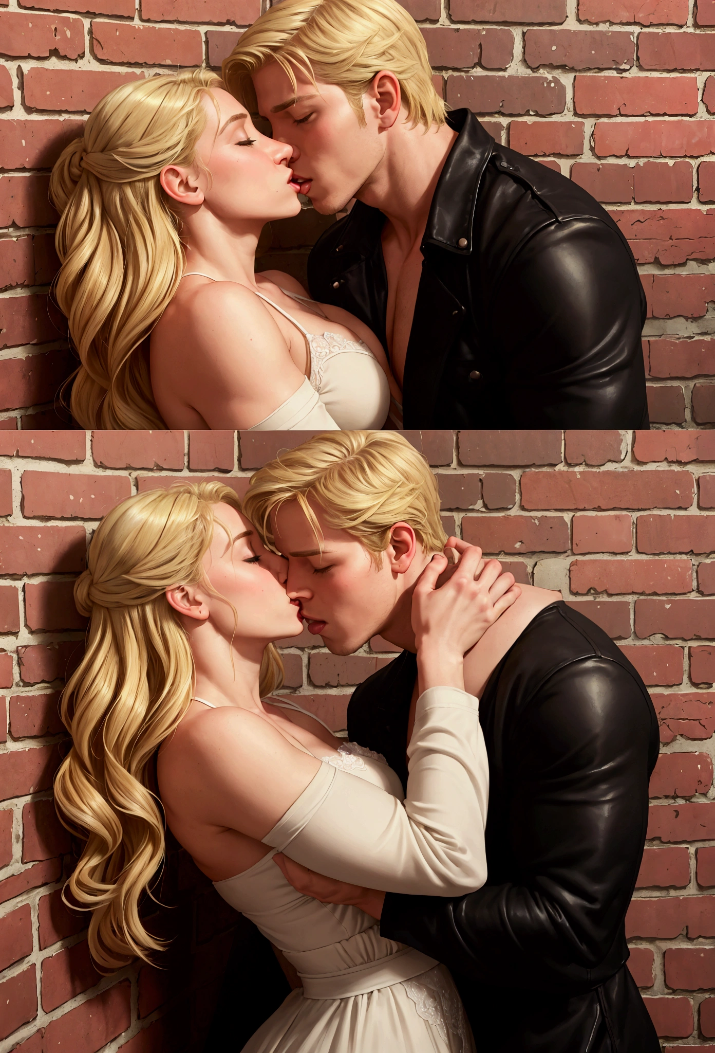 arafed couple kissing in front of a brick wall, couple kissing, lovely kiss, very perfect position, passionate pose, kissing together cutely, romantic couple, kissing together, making out, sexy movie photo, kissing, romance novel cover, breath taking, romance fantasy movie, various seducing pose, breath taking beautiful, blonde goddess, blonde, kiss