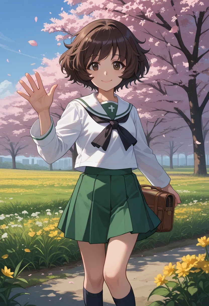 score_9, score_8_up, score_7_up, source_anime,
 1girl, akiyama yukari, short hair, messy hair, bangs, brown hair, brown eyes,  ooarai school uniform,white sailor collar,black neckerchief,white shirt,long sleeves,green skirt,(black socks:1.2),loafers,outdoors,cherry blossoms,standing,cowboy shot,smile,waving, flower field