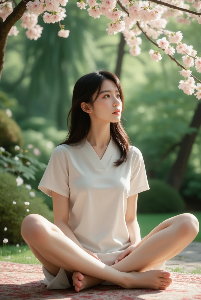 photorealistic, A serene Asian woman with long black hair and gentle features sits cross-legged on a moss-covered stone in a tranquil Japanese garden. Soft sunlight filters through the leafy greenery, casting dappled shadows across her calm face and slender hands. Her soft pink lips curve into a subtle smile as she gazes down at the delicate petals of a cherry blossom.
﻿
full body, Professional, perfect composition, ultra-detailed, intricate details