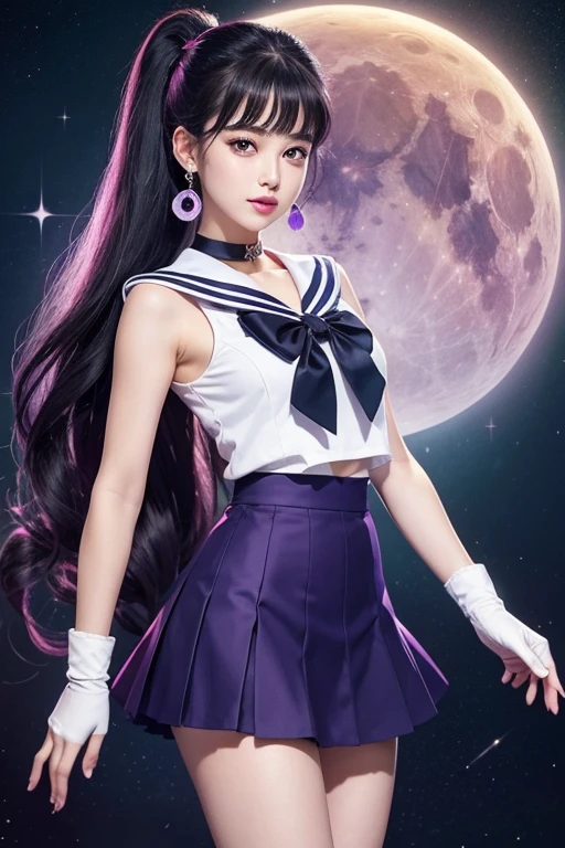 masterpiece, Highest quality, (1 Girl),  Sailor guardian, night sky, white gloves, white and light purple sailorfuku clothes , beautiful face, facial features, face details, Highest facial features, purple skirt, white crystal brooch, silver crystal background , purple choker, red and black long wavy hair, golden moon earrings, purple heels boots, Long legs, standing, green eyes, sleeveless, sailor uniform with a purple skirt, black back bow, black ribbon tied into a bow on her chest, purple skirt, full body details, long wavy red and black hair, pretty sailor guardian, Very Long Hair, Ponytail, Earrings, long wavy ponytail 