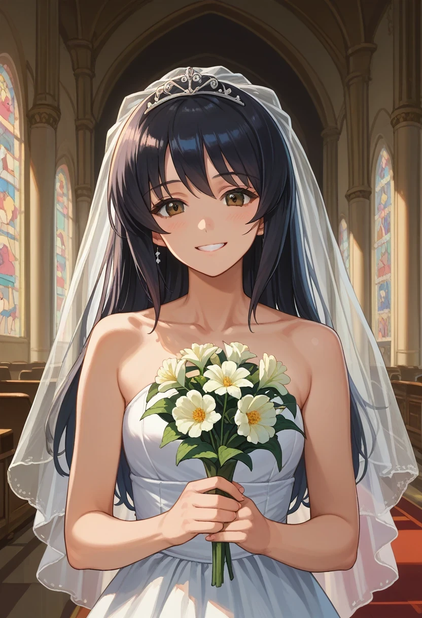 score_9, score_8_up, score_7_up, score_6_up, 
 Reize Mako, 1girl, reizei mako, long hair, black hair,  bride, smile, proud. cowboy shot, indoors, palace, close portrait, holding flower