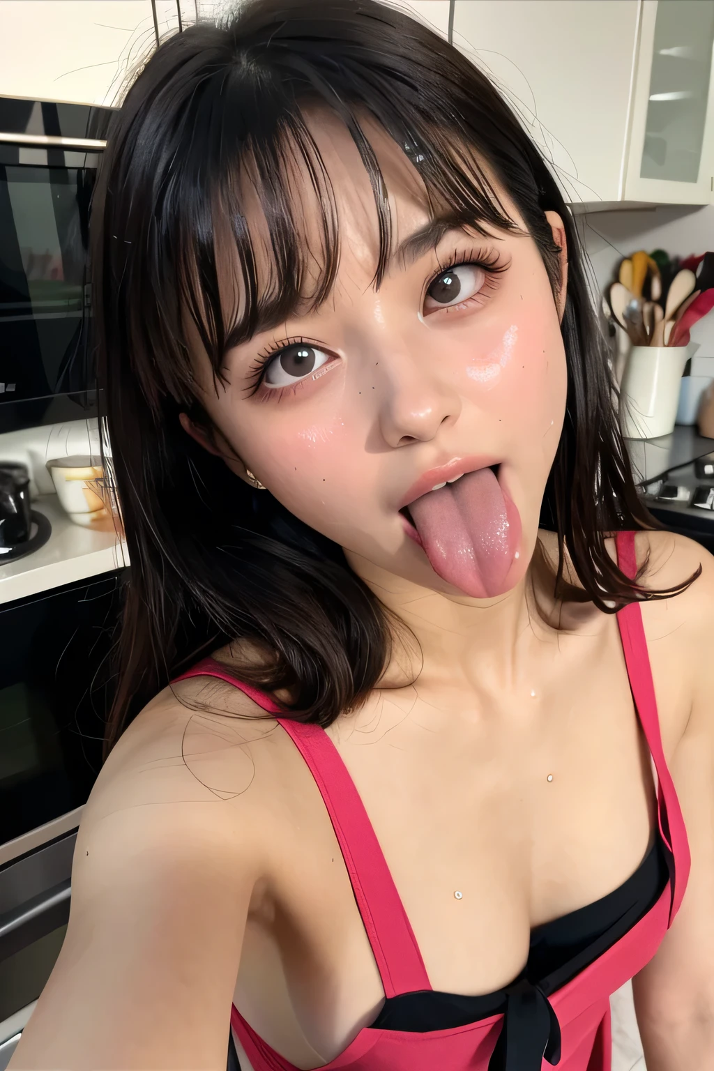 triangle-bikini,(open mouth:1.5),(tongue out:2),standing,hand on own chin,finger to own mouth,eye level shot,front view,cowboy shot,(1girl,Beautiful  girl,teenager),((Slender,Small breasts,Small face,)),(looking at viewer),Black Hair,bangs,straight,Beautiful and detailed,(Dimly lit room:1.5),shower room,Mischievous smile
