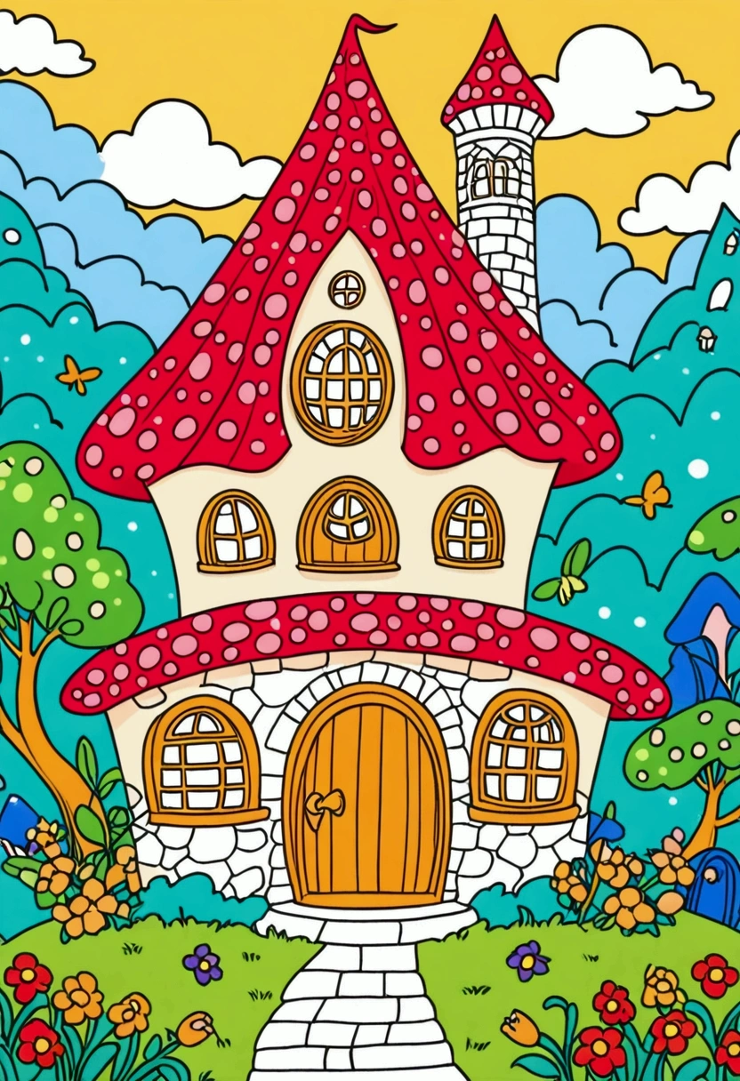 Cartoon fairy tale house，There is a door and a door with a window, Colorful book illustration, Colorfull illustration, Coloring books page, Fantasy Colors, Full color illustrations, Colorful illustrations, clean Coloring books page, Drawn in a whimsical style, Fairy tale illustration style, Color illustrations, Fairy tale illustration, Fairy tale illustration, artwork, Coloring Pages, Magical fairy tale background, Coloring books