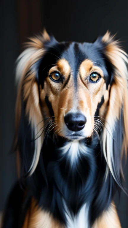 shy black and tan saluki, perfect eyes, gold eyes, portrait, solo, dark background, blurred background, (masterpiece, best quality:1.2)