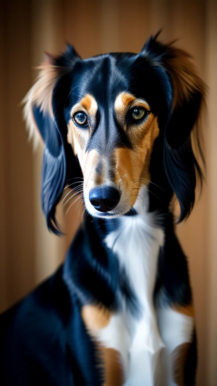 shy black and tan saluki, perfect eyes, gold eyes, portrait, solo, dark background, blurred background, (masterpiece, best quality:1.2)