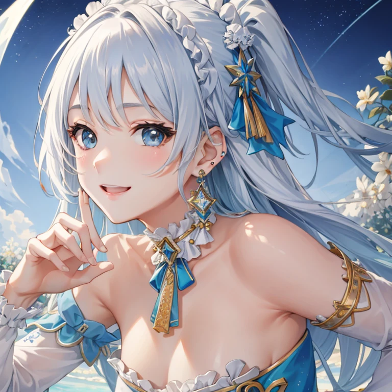 masterpiece、Best Quality、Ultra - High Definition、High resolution、Transcendental Technology Illustration、Perfect Anatomy、8k、a beauty girl、smile、,Earrings,紫の宝石のEarrings,