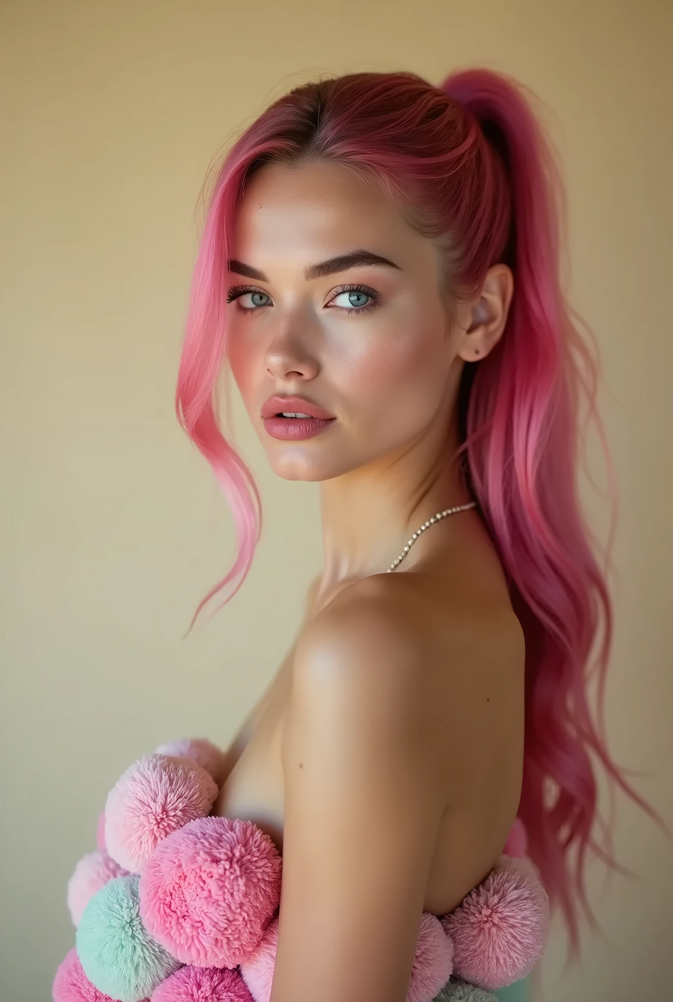 Night scene, Close up photo of a sexy naked girl, posing, Look into the camera and smile, pink ponytail hair, (green eyes:0.8), sweet young face, the 18, soft volumetric lights, (Contre-Jour:1.3), (filmic:1.3), Intricate detailing, (artstation:1.2) Specialist, Photo shoot from a bird's eye view, black or blank background, meru, the succubus. purple skin, yellow eyes, big eyes, big lips. Specialist dramatic lighting. size, detailled eyes. detailed face. eyeliner, Contour, Foundation, endowment. big eyelashes, white lipstick, looking at the camera. size Brüste, shiny skin, wet, Oily skin. Latex gloves, Latex stockings, High Heels. (merusuccubus:1)