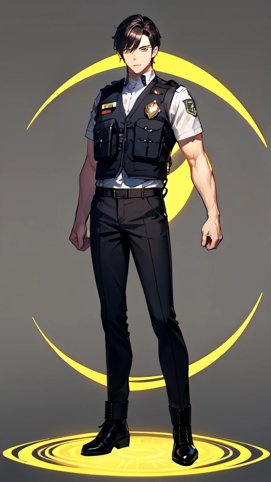 (Police, Best Quality, Detailed, Adult, Mature), (Full Body, Perfect Hands, 1Male), 1Male, Alone, Piercing, Golden Eyes, Black Hair, Straight Hair, Short Hair, Sheriff Uniform, Bulletproof Vest, Black Pants, Boots, ((White Background)), 