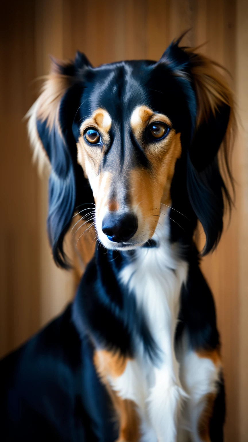 shy black and tan saluki, perfect eyes, gold eyes, portrait, solo, dark background, blurred background, (masterpiece, best quality:1.2)