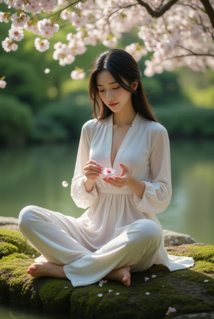 photorealistic, A serene Asian woman with long black hair and gentle features sits cross-legged on a moss-covered stone in a tranquil Japanese garden. Soft sunlight filters through the leafy greenery, casting dappled shadows across her calm face and slender hands. Her soft pink lips curve into a subtle smile as she gazes down at the delicate petals of a cherry blossom.
﻿
full body, Professional, perfect composition, ultra-detailed, intricate details