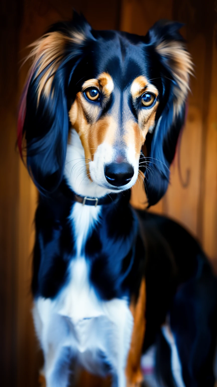 shy black and tan saluki, epic, fantastic, perfect eyes, gold eyes, portrait, solo, dark background, blurred background, (masterpiece, best quality:1.2)