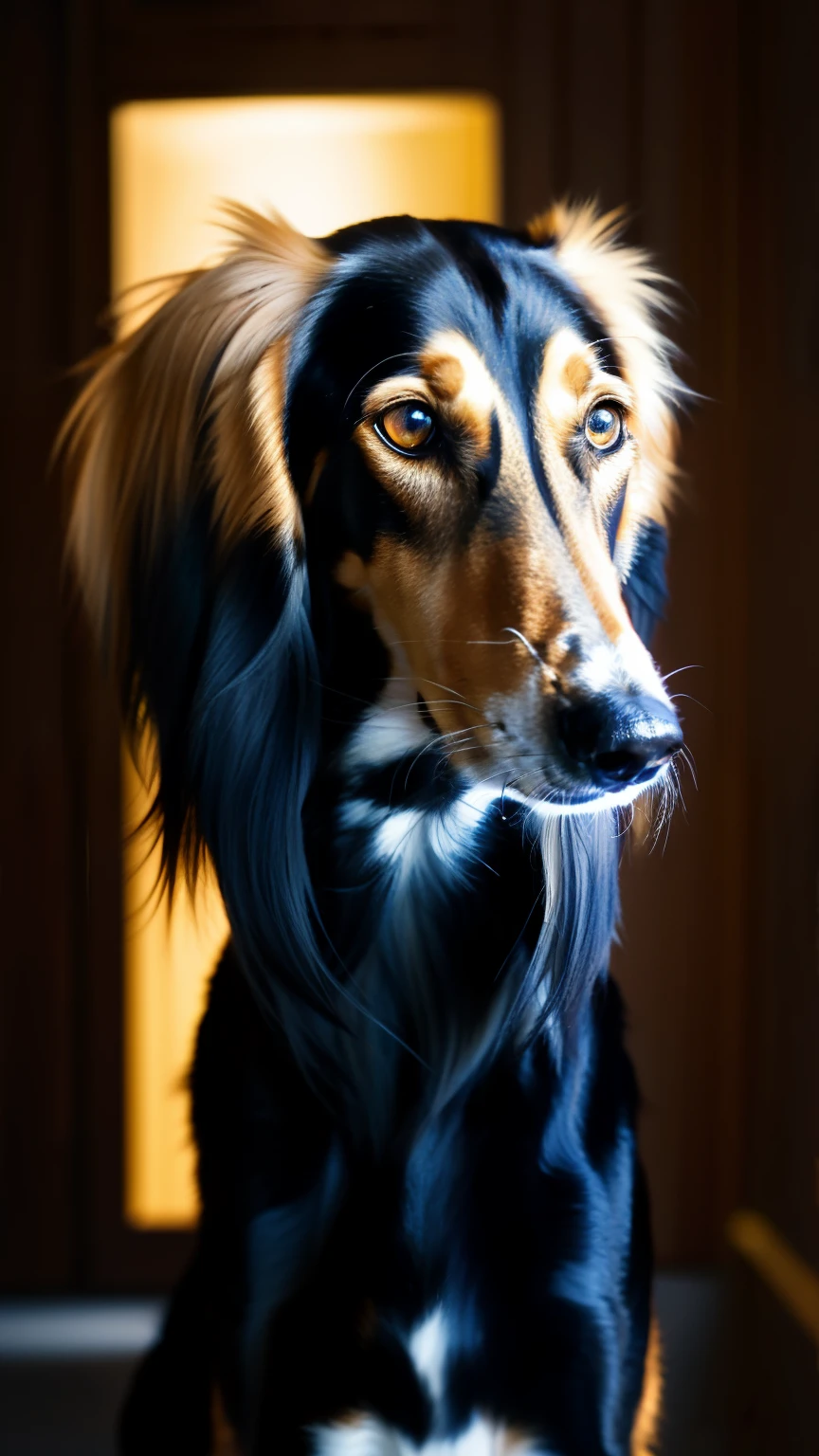 shy black and tan saluki, (epic, fantastic, dramatic lighting), perfect eyes, gold eyes, portrait, solo, dark background, blurred background, (masterpiece, best quality:1.2)