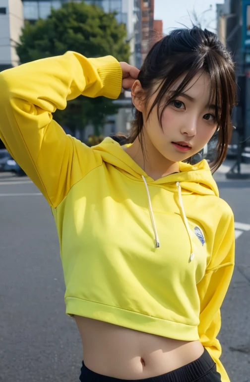 masterpiece, highest quality, Very detailed, 8k, Realistic, One Girl, alone, Tomboy, Very detailed face, (head shot:1.5), Upper Body, Standing in front of a wall covered in hip hop graffiti, Light brown long hair, He is wearing a short black tank top and an open-zipped yellow hoodie.。., Reaching into the pocket of a hoodie