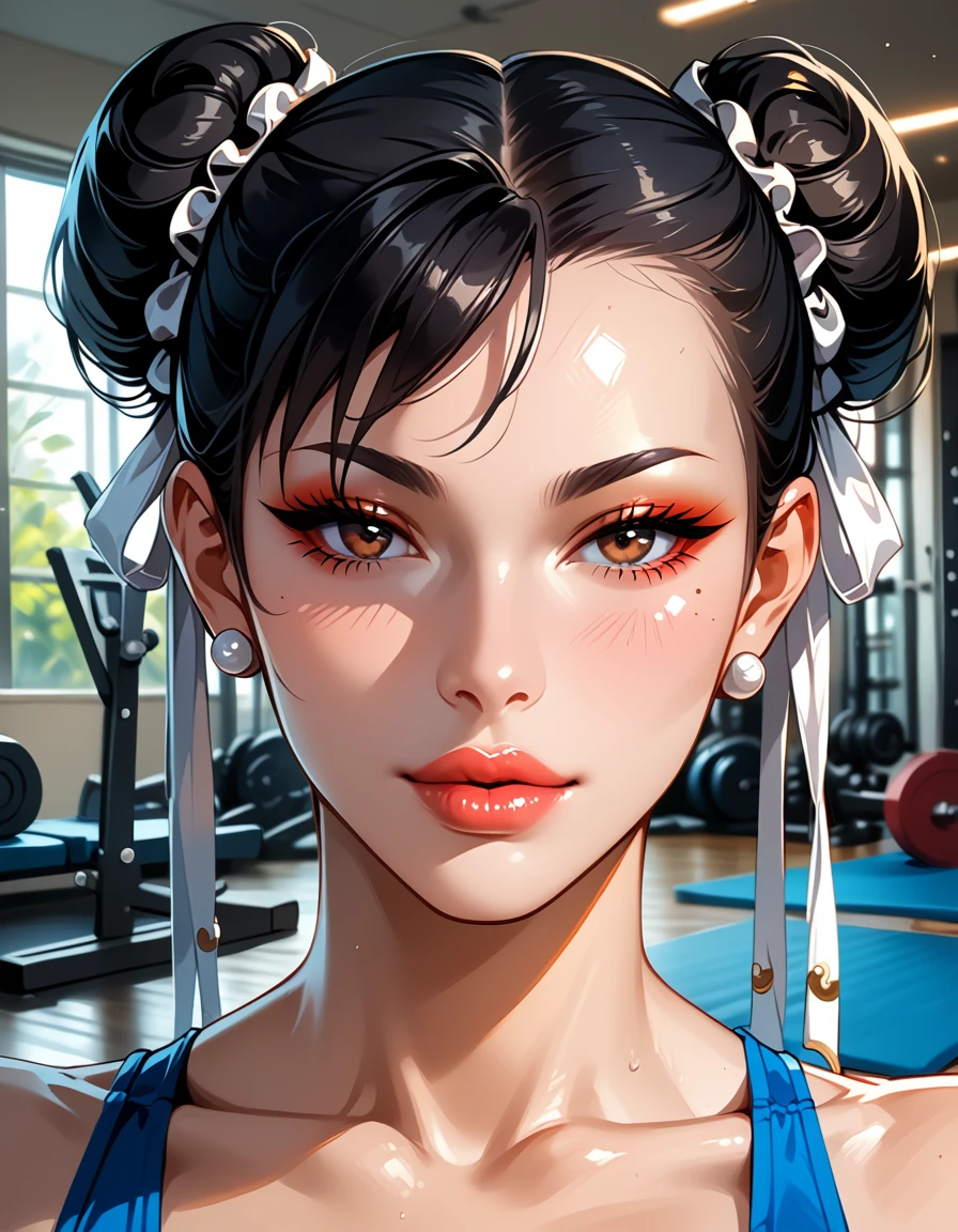 score_9, score_8_up, score_7_up, rating_questionable, epiCPhoto, 1girl, very sexy (chun-li, black hair:1.1), beautiful waifu, dark blue yoga top, in gym, thicc, solo, cute, flirt, gaze, sexy look, half-closed eyes, head tilt, filled lips, thick lips, makeup, modelling shoot, sexy pose, face portrait, close-up.