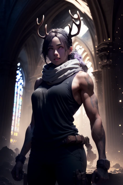 1 girl, volumetric light, (bright scene:1.5), cathedral, depth of field, bokeh ,hair accessory, photograph, masterpiece, The best quality,HDR-10, highres,realistic details,40k, HDR-10, highres, Shadow Moon Berserker, Berserker, antlers, pad, peto, belt, Tattoo on the stomach, purple eyes, muscle shirt, black pants, scarf, scar, fangs, claws