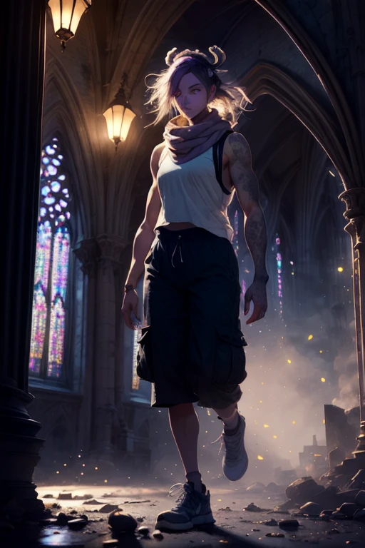 1 girl, volumetric light, (bright scene:1.5), cathedral, depth of field, bokeh ,hair accessory, photograph, masterpiece, The best quality,HDR-10, highres,realistic details,40k, HDR-10, highres, Shadow Moon Berserker, Berserker, antlers, pad, peto, belt, Tattoo on the stomach, purple eyes, muscle shirt, black pants, scarf, scar, fangs, claws