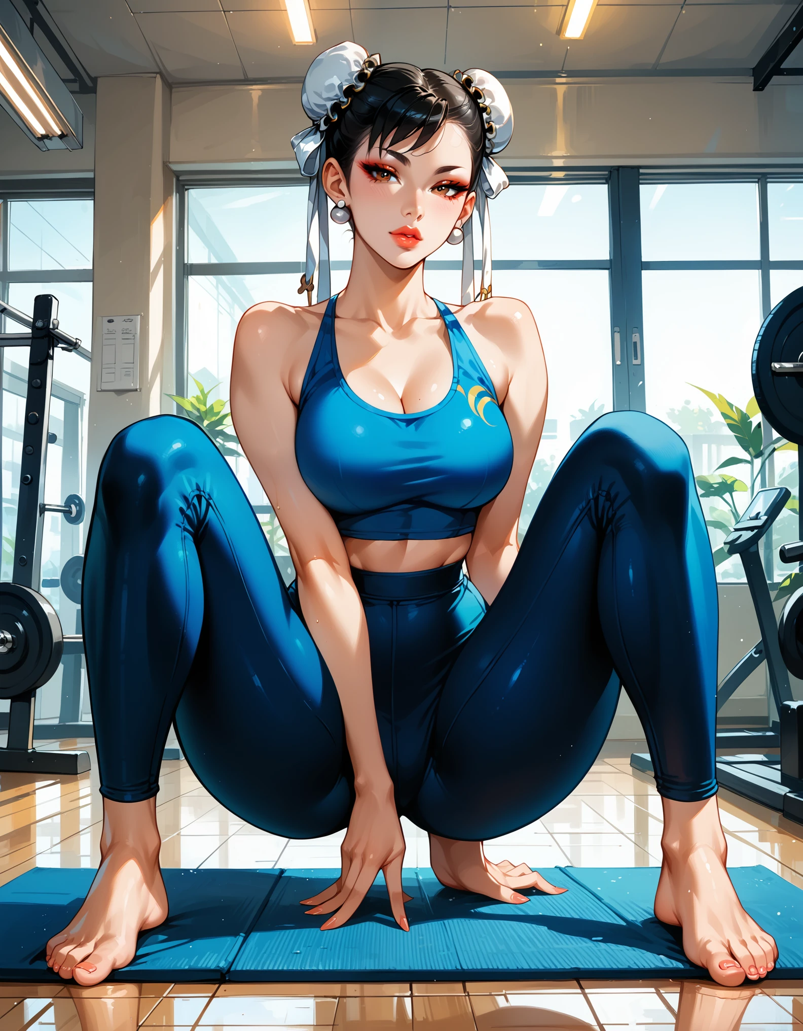 score_9, score_8_up, score_7_up, rating_questionable, epiCPhoto, 1girl, very sexy (chun-li, black hair, barefoot:1.1), beautiful waifu, yogapants, dark blue yoga pants, in gym, long legs, thicc, solo, cute, flirt, gaze, sexy look, half-closed eyes, head tilt, filled lips, thick lips, makeup, modelling shoot, sexy pose.