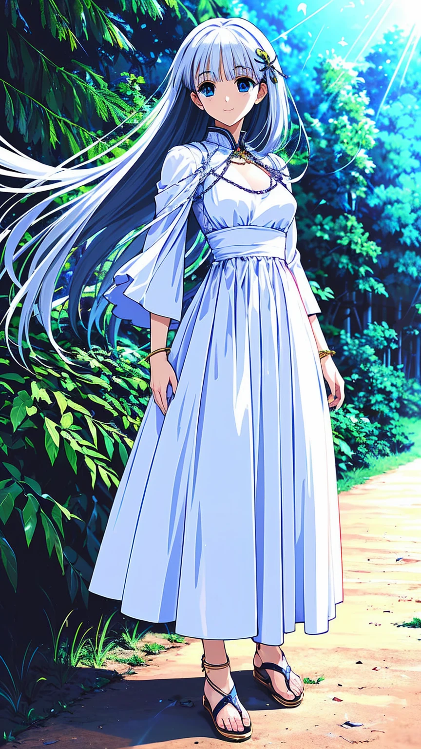 1 lady in the distance, tony taka, (((ultra quality, ultra detailed, ultra highresolution, Hires.fix, ultra delicate, extreme detailed, 8k))), masterpiece, anime, anime screencap, sharp focus and crisp quality, (((brightly colored))), solo, (((distant view))), (((in the lush forest))), sunlight filtering through the foliage, standing, close stance, full body, looking away, (((beautiful detailed face))), (((beautiful detailed eye))), (((beautiful body))), long silver hair, vaguely shining hair, blunt bangs, straight hair, (((hair ornaments))), hair chains, blue eyes, kind smile, shiny skin, wearing white ball gown outfit, long sleeve, (((white sandal))), medium breasts