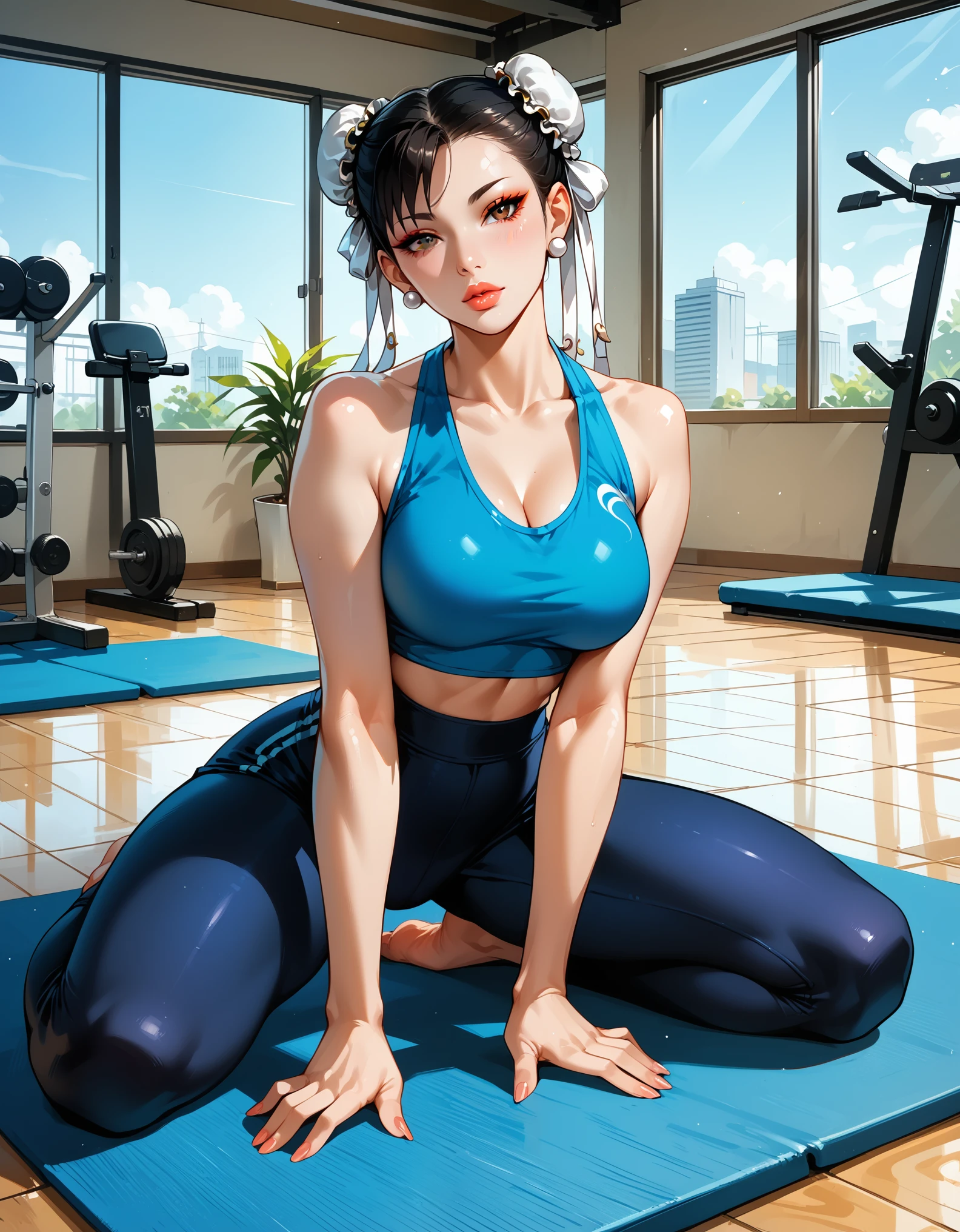 score_9, score_8_up, score_7_up, rating_questionable, epiCPhoto, 1girl, very sexy (chun-li, black hair, barefoot:1.1), beautiful waifu, yogapants, dark blue yoga pants, in gym, on yoga mat, long legs, thicc, solo, cute, flirt, gaze, sexy look, half-closed eyes, head tilt, filled lips, thick lips, makeup, modelling shoot, sexy pose.