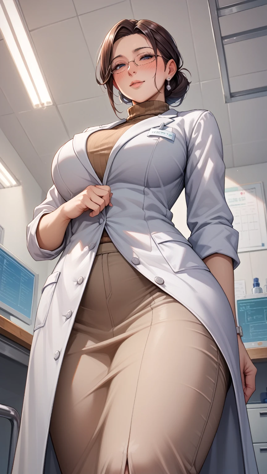 ((masterpiece, best quality, high quality)),1 girl, (Lower Body, hospital), (doctor_, lab coat,, doctor),breast，Lipstick，Smile，Brown eyes，Black short hair，There is no sea left in front of the forehead