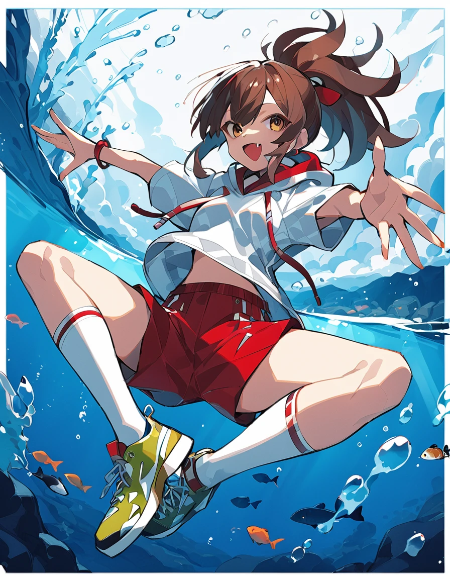 detailed,ultra-detailed,masterpiece,best quality,(dramatic angle,dynamic angle:1.3),dynamic pose
(asagina gi:1.4),(ozureijiast:1.1),(urakataast:1.25),(ribaoast:1.1),colorful,
1girl, brown hair, brown eyes, open mouth, shorts, underwater, long hair, bubble, ponytail, smile, air bubble, looking at viewer, hood, fish, water, shoes, outstretched arms, short sleeves, swimming, freediving, hoodie, :d, shirt, red shorts, animal, hamster, socks, jacket, ocean, solo, white legwear, hood down, bangs, white shirt, sneakers, border, fang, green footwear, full body