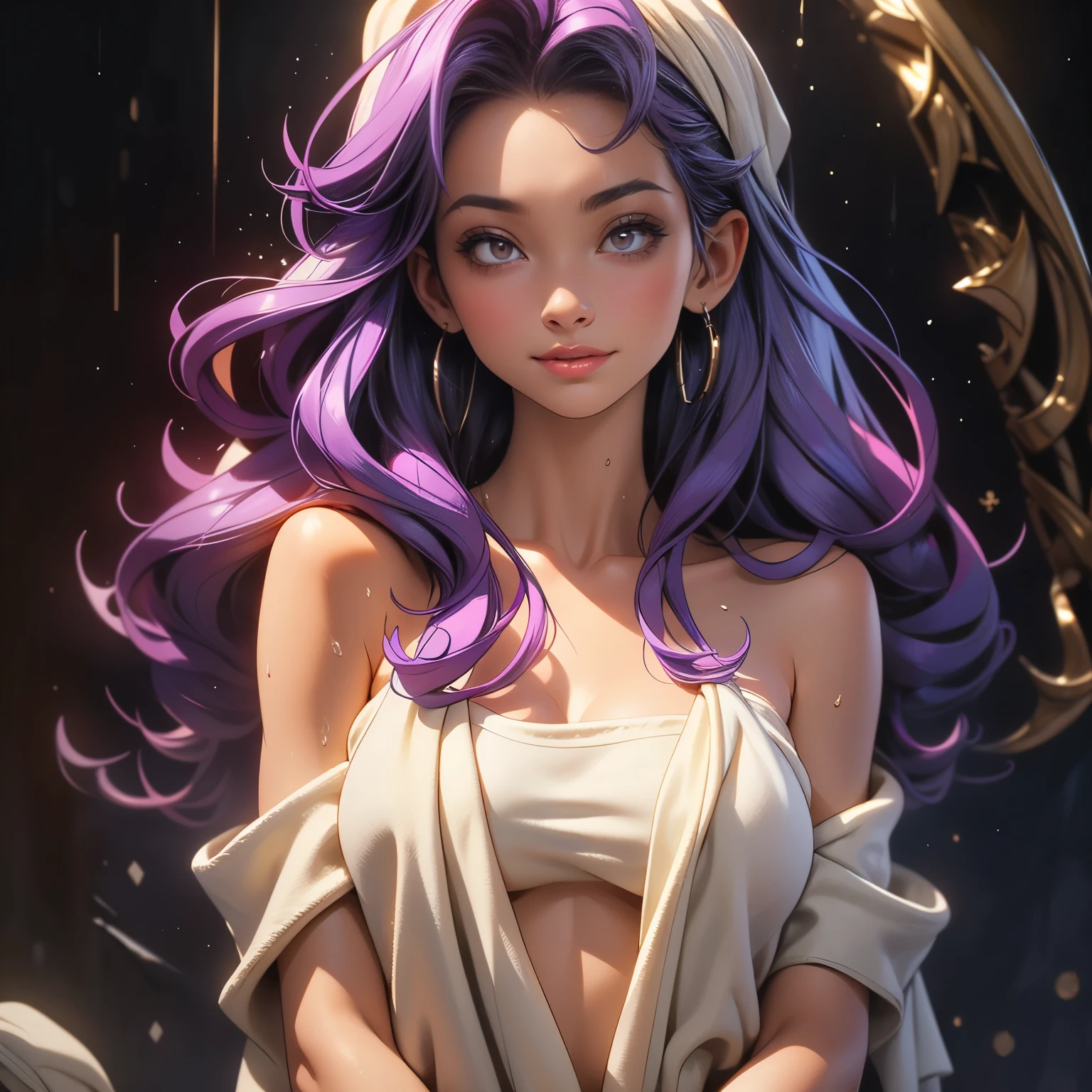 (masterpiece), best quality, 1girl, expressive eyes, perfect face, (purple hair), perfect anatomy, full body, 4k, HDR, full HD, solo, A young woman is standing just after a shower, wrapped in a fluffy white towel covering her body from her chest to the middle of her thighs. The towel fits tightly around her torso, while a smaller one is wrapped in her hair, gathering her wet strands into a high bun. Small droplets of water still slide across his skin, and his shoulders and collarbones are slightly exposed. His expression is relaxed, with a slight smile as he gently dries his face with a corner of the towel. The soft light in the room highlights the warm and comfortable atmosphere, creating a moment of post-shower peace.