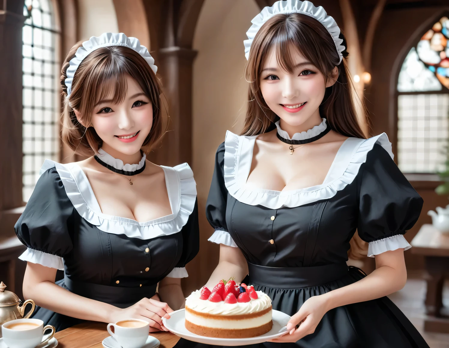 Deluxe Room,Plate with food,Maid kneeling down,The two girls smiled happily, Maid costume,Flesh-colored pantyhose,High heel,Lots of maids,Huge breasts,Thin waist,loyal maid,Obey everything,Very obedient,付出型性格和Likeable的个性,Obedient personality、Likeable,Absolutely obedient,Absolute obedience,Willing to give everything,Waiting for command