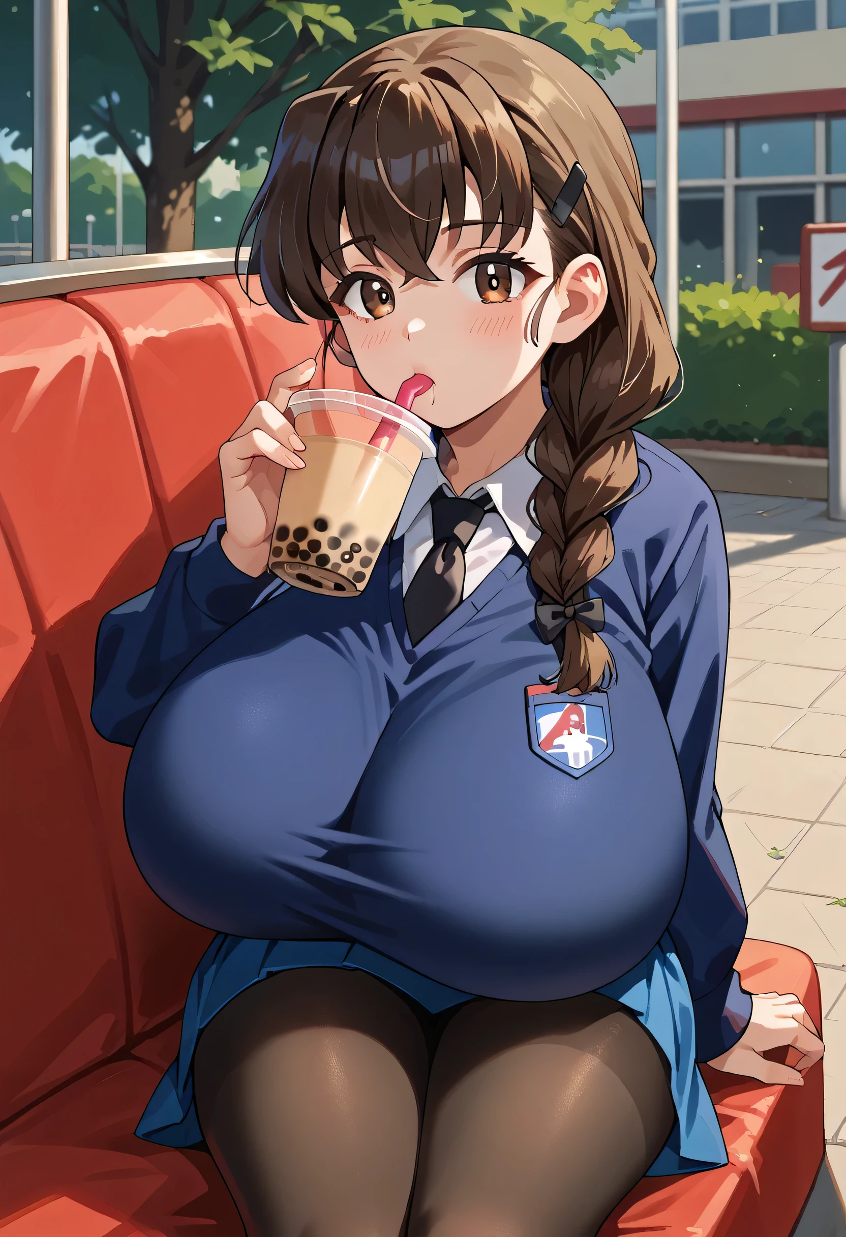 score_9, score_8_up, score_7_up, score_6_up,  ((solo)), massive breasts,
enormous breasts,
hyper breasts,
 1girl,  single braid, hair over shoulder, brown eyes, long hair, bangs, braided ponytail, hairclip, hair ribbon, hair ornament,   st. gloriana's school uniform,blue sweater,black necktie,shirt,long sleeves,blue skirt,pantyhose,black pantyhose,loafers,black footwear 
, public park, drinking bubble tea, holding