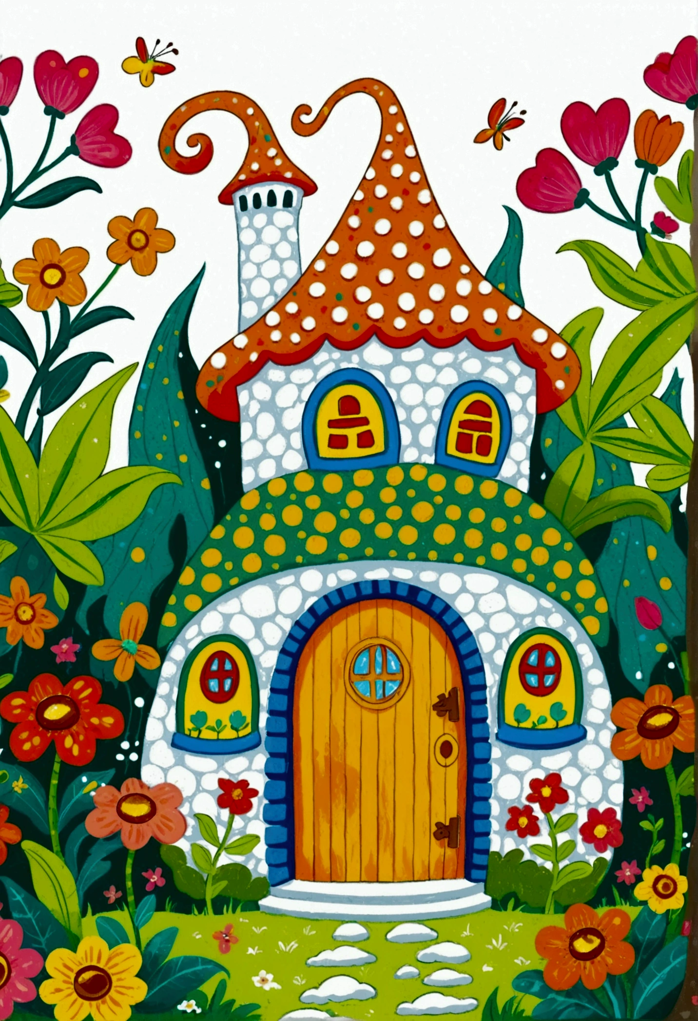 Cartoon fairy tale house，There is a door and a door with a window, Colorful book illustration, Colorfull illustration, Coloring books page, Fantasy Colors, Full color illustrations, Colorful illustrations, clean Coloring books page, Drawn in a whimsical style, Fairy tale illustration style, Color illustrations, Fairy tale illustration, Fairy tale illustration, artwork, Coloring Pages, Magical fairy tale background, Coloring books