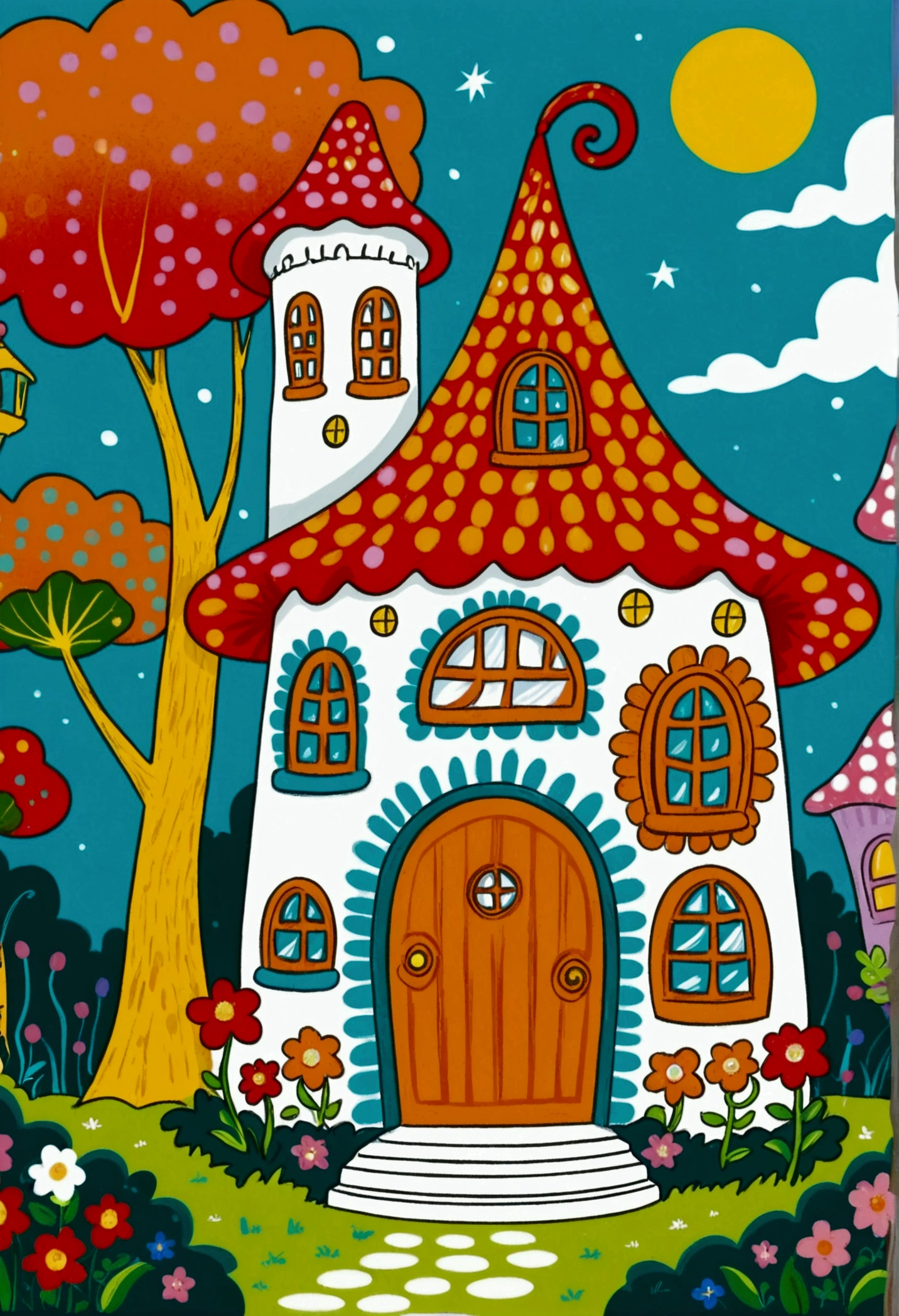 Cartoon fairy tale house，There is a door and a door with a window, Colorful book illustration, Colorfull illustration, Coloring books page, Fantasy Colors, Full color illustrations, Colorful illustrations, clean Coloring books page, Drawn in a whimsical style, Fairy tale illustration style, Color illustrations, Fairy tale illustration, Fairy tale illustration, artwork, Coloring Pages, Magical fairy tale background, Coloring books