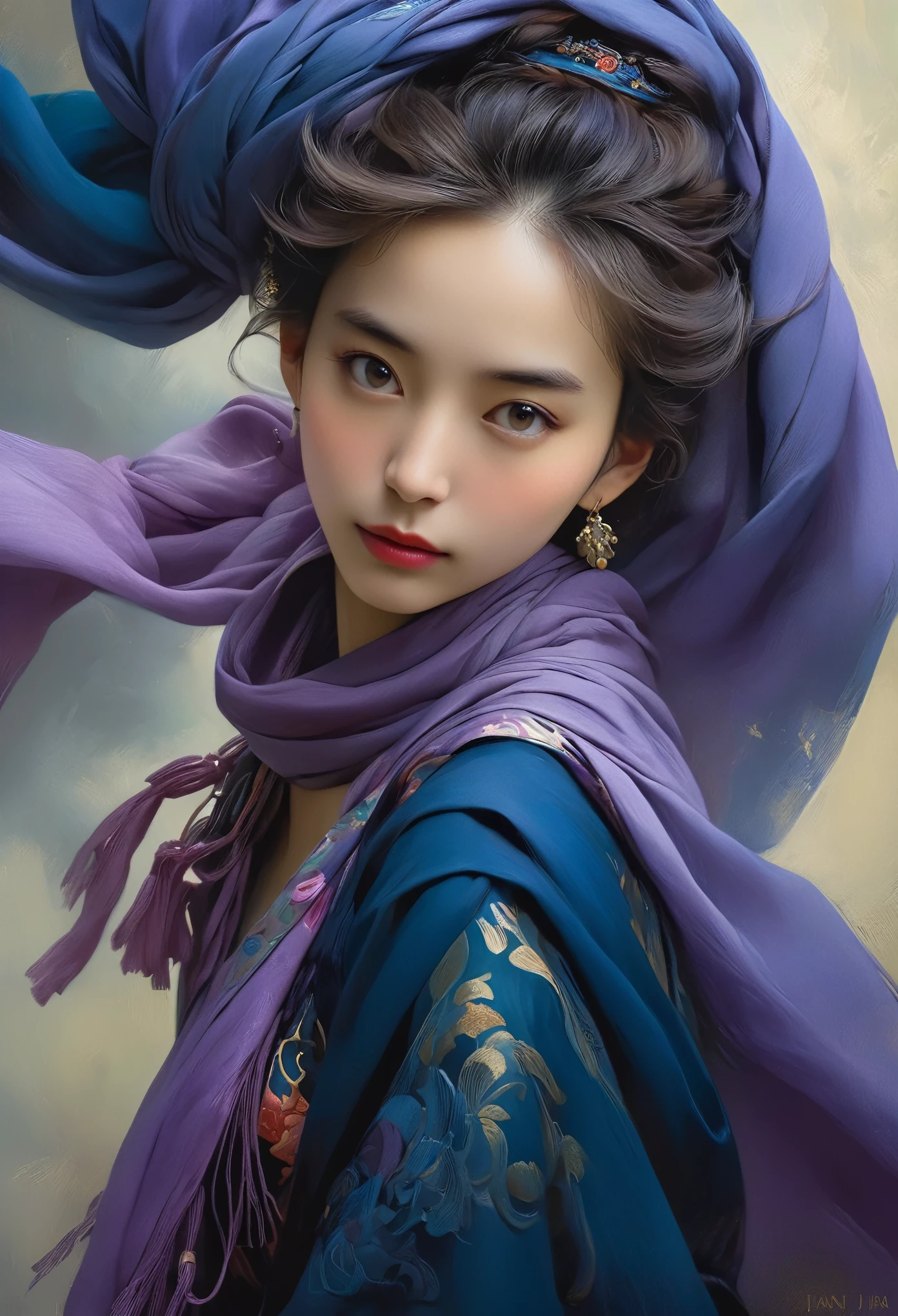 A woman in a dark blue dress with a long purple scarf, Beautiful Woman Photos, Beautiful fantasy empress, Jan J, style of Art Gelm, Art Gelm and ruan jia, extremely detailed Art Gelm, trending Art Gelm, Art Gelm.  ruan jia and Art Gelm, Inspired by Fuhua, Art Gelm detailed