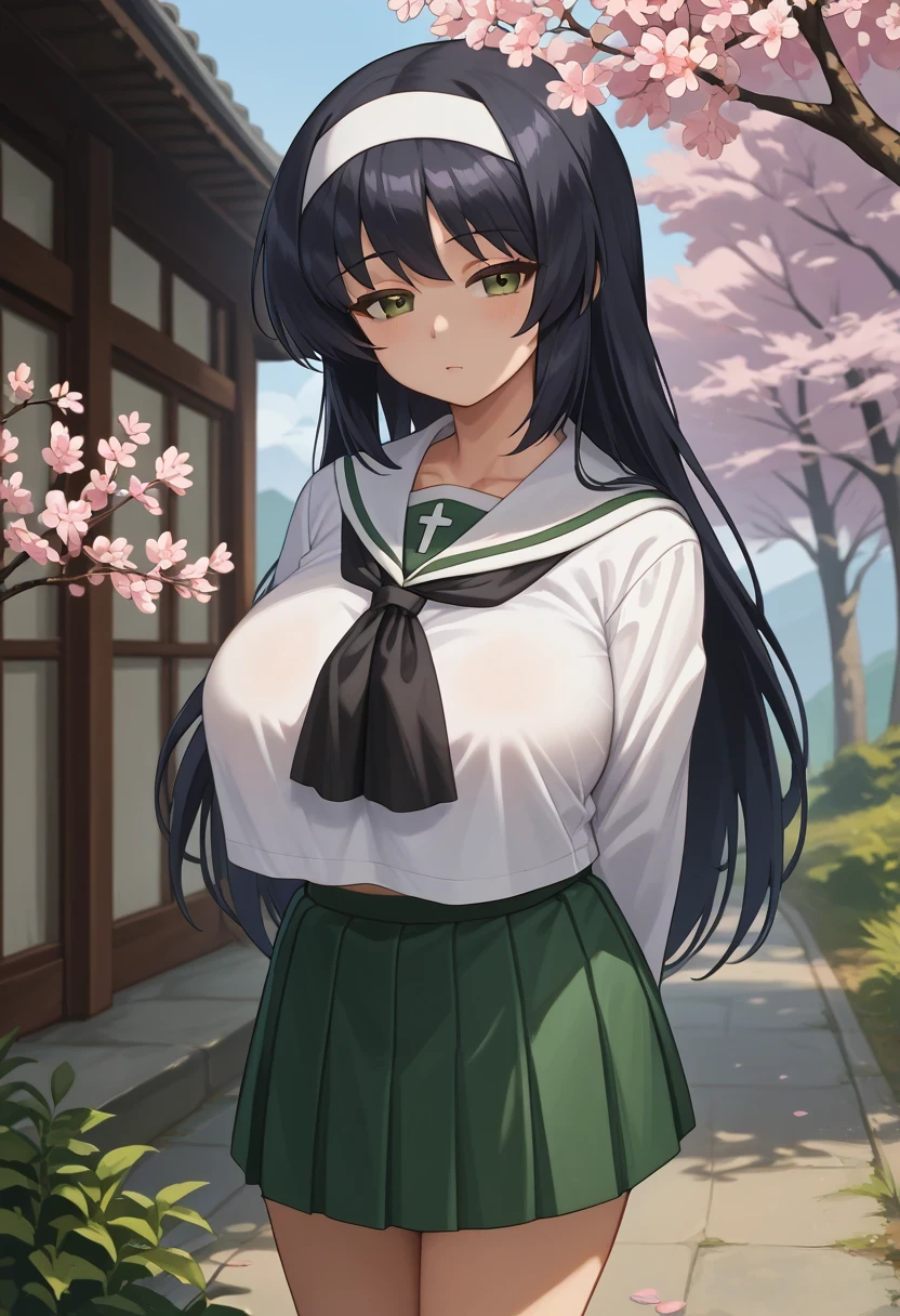 ((masterpiece)), Highest quality, Very detailed,(One Girl),Mayumi Saegusa, red eyes, black hair, long hair, medium breasts, striped ribbon, cropped green jacket, long sleeves, white dress, black necktie, pantyhose, standing,、 Long Hair,Beautiful background ,(((clothing))),  chest, Bent body,Lie in, Look to the side, Worried face, The female genitals are in full view, Drunk look, Hot body、Sweaty、Spread your legs、指でvaginaを開く、Female genitalia seen deep inside、 Browsing Caution,I'm being cuckolded、Verbal invitation、In the heat、One boy、他人のchestを掴む、Sitting on a seated man, later, The man inserted、Heterosexual, (((Reverse standing splits、chestを揉む、Sex with a dark-skinned man, BBC huge penis、Intense piston movement)))、Browsing Caution, (((vagina 、Sticking out tongue、Intense climax、Trembling Body)))、landscape、Deep Kiss、