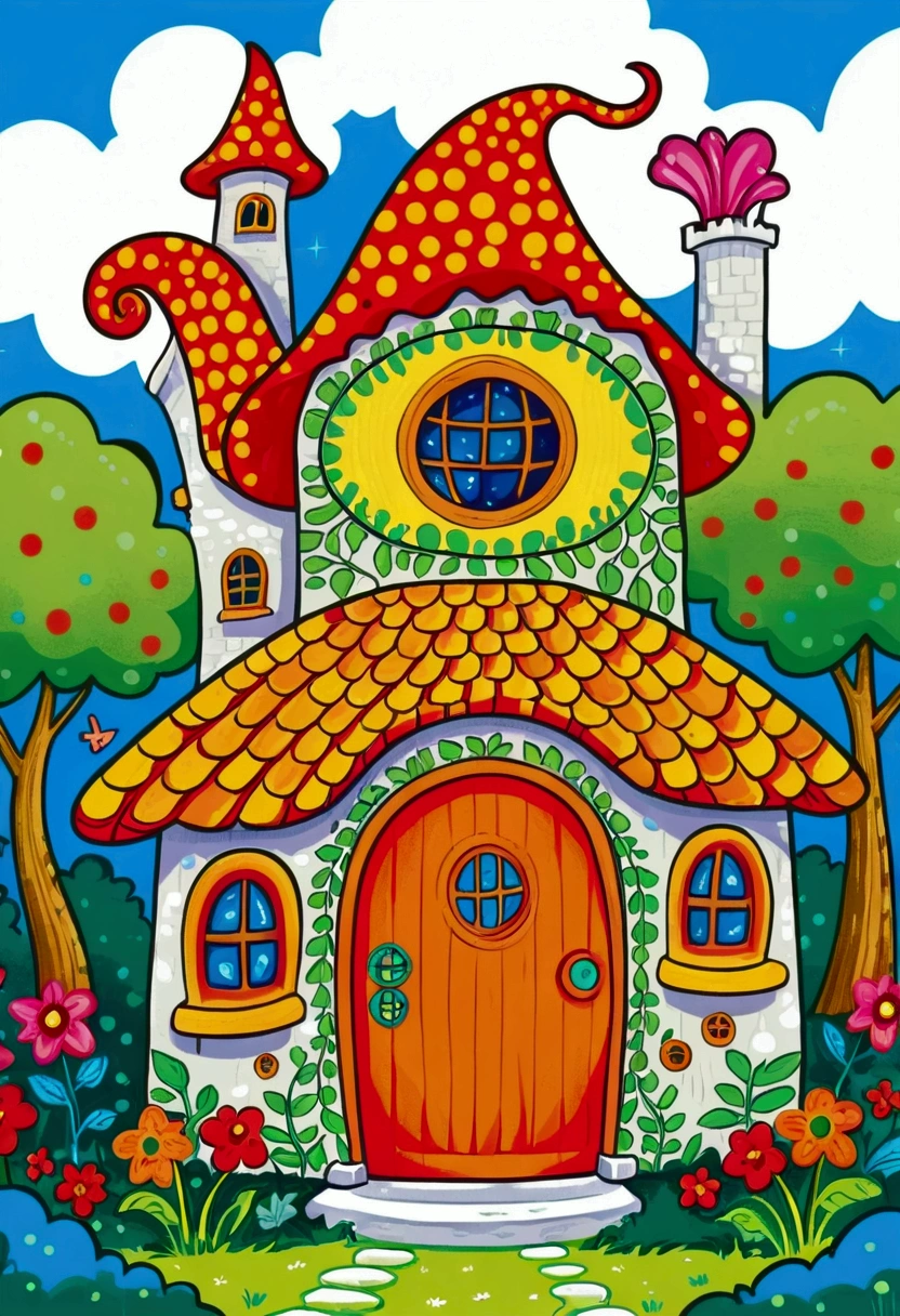 Cartoon fairy tale house，There is a door and a door with a window, Colorful book illustration, Colorfull illustration, Coloring books page, Fantasy Colors, Full color illustrations, Colorful illustrations, clean Coloring books page, Drawn in a whimsical style, Fairy tale illustration style, Color illustrations, Fairy tale illustration, Fairy tale illustration, artwork, Coloring Pages, Magical fairy tale background, Coloring books