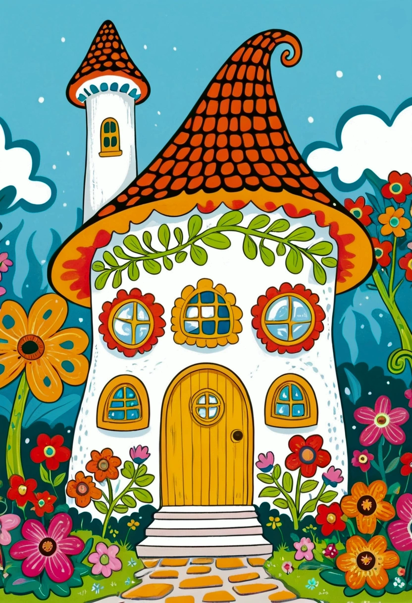 Cartoon fairy tale house，There is a door and a door with a window, Colorful book illustration, Colorfull illustration, Coloring books page, Fantasy Colors, Full color illustrations, Colorful illustrations, clean Coloring books page, Drawn in a whimsical style, Fairy tale illustration style, Color illustrations, Fairy tale illustration, Fairy tale illustration, artwork, Coloring Pages, Magical fairy tale background, Coloring books