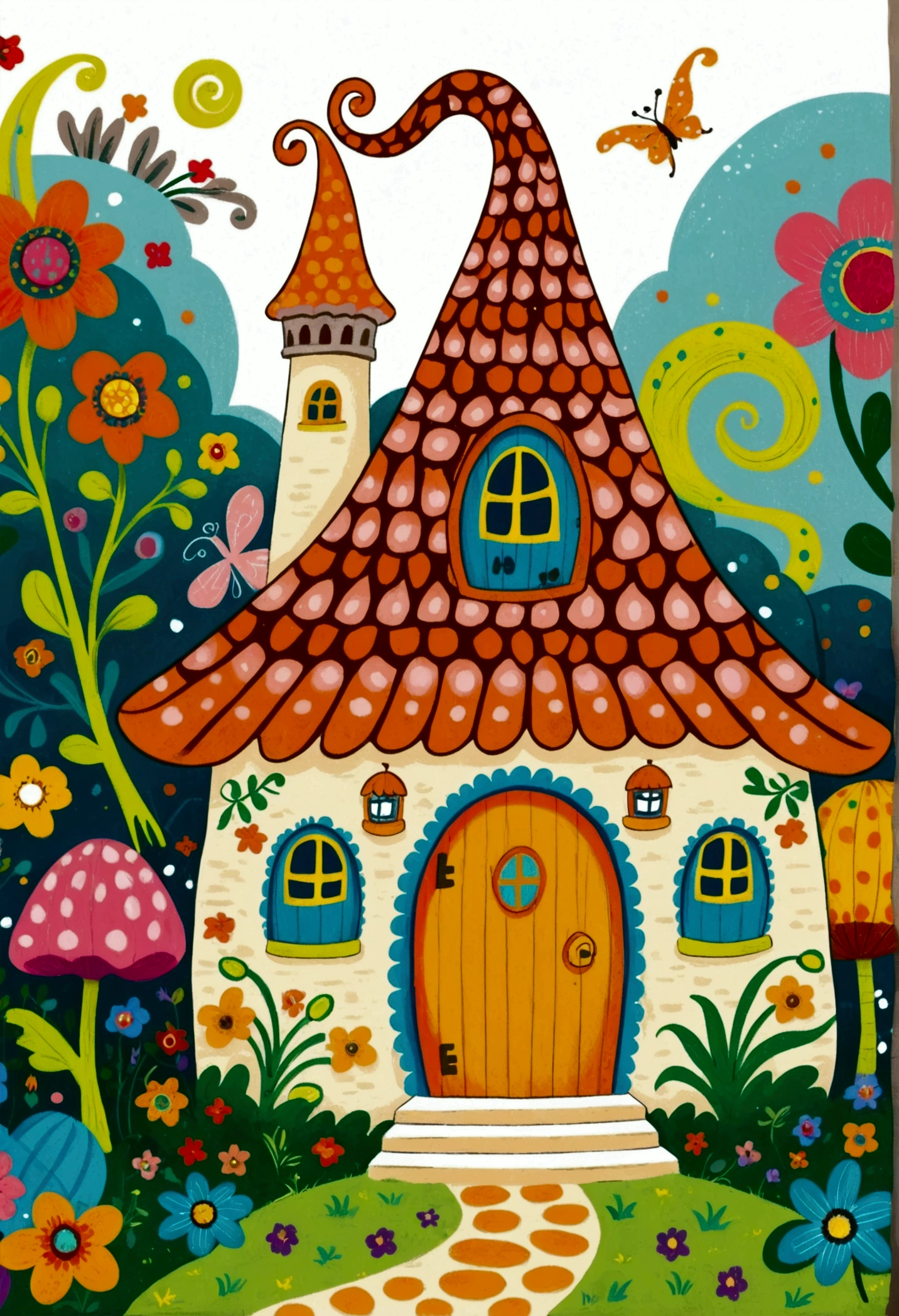 Cartoon fairy tale house，There is a door and a door with a window, Colorful book illustration, Colorfull illustration, Coloring books page, Fantasy Colors, Full color illustrations, Colorful illustrations, clean Coloring books page, Drawn in a whimsical style, Fairy tale illustration style, Color illustrations, Fairy tale illustration, Fairy tale illustration, artwork, Coloring Pages, Magical fairy tale background, Coloring books