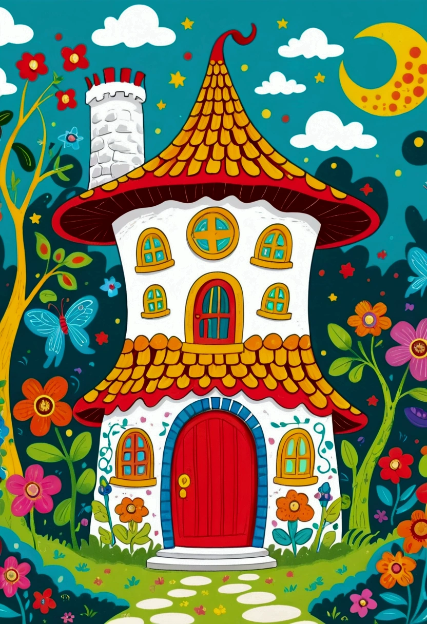 Cartoon fairy tale house，There is a door and a door with a window, Colorful book illustration, Colorfull illustration, Coloring books page, Fantasy Colors, Full color illustrations, Colorful illustrations, clean Coloring books page, Drawn in a whimsical style, Fairy tale illustration style, Color illustrations, Fairy tale illustration, Fairy tale illustration, artwork, Coloring Pages, Magical fairy tale background, Coloring books