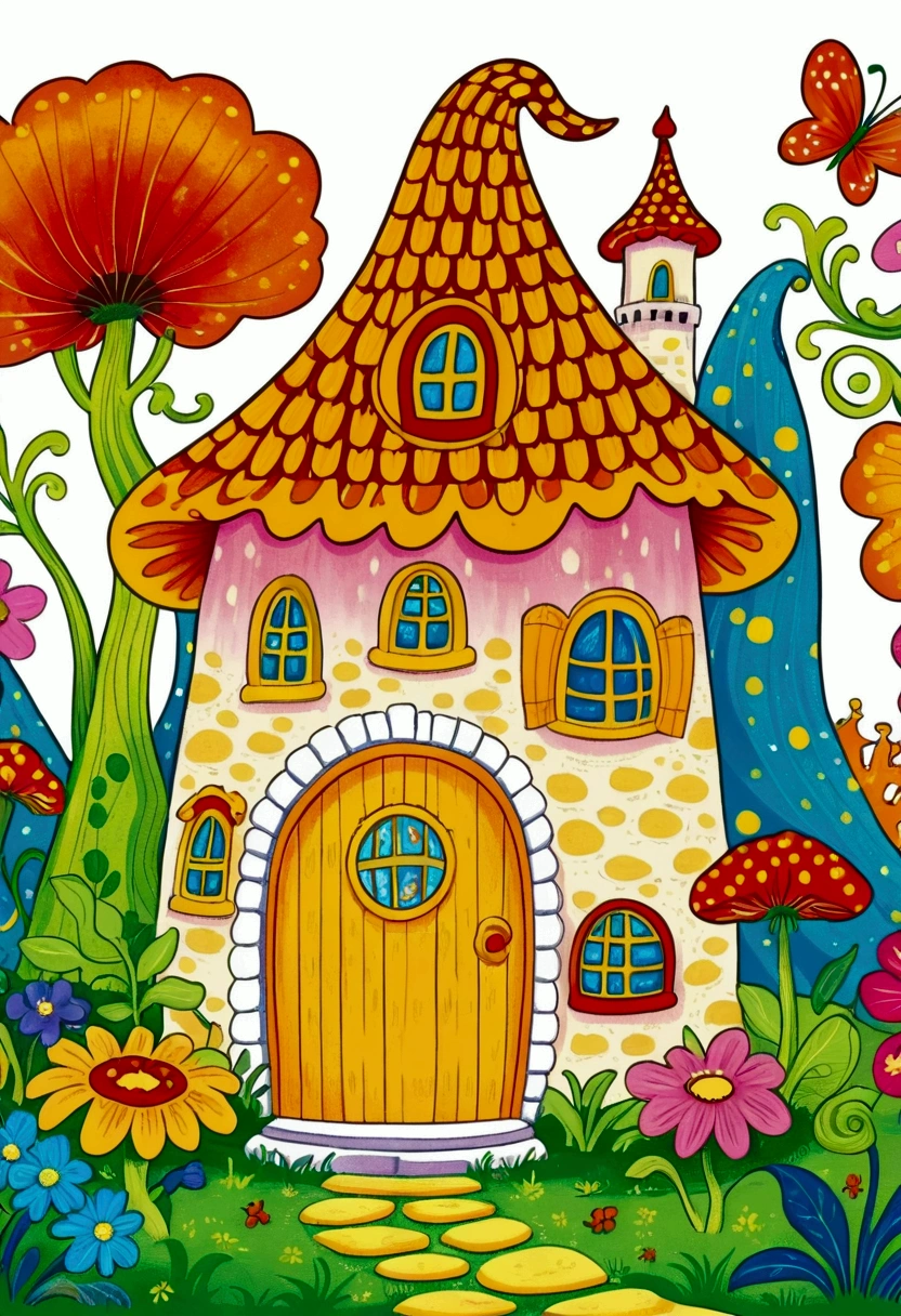 Cartoon fairy tale house，There is a door and a door with a window, Colorful book illustration, Colorfull illustration, Coloring books page, Fantasy Colors, Full color illustrations, Colorful illustrations, clean Coloring books page, Drawn in a whimsical style, Fairy tale illustration style, Color illustrations, Fairy tale illustration, Fairy tale illustration, artwork, Coloring Pages, Magical fairy tale background, Coloring books