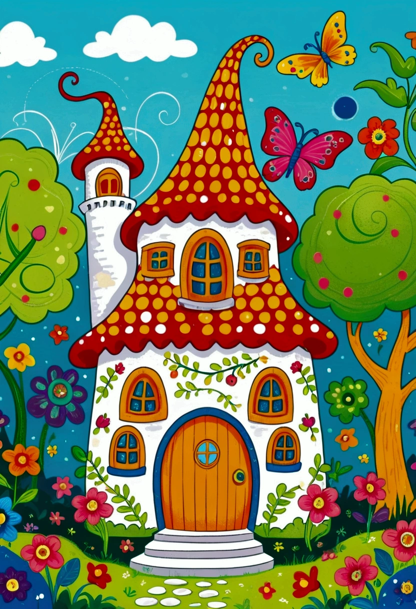 Cartoon fairy tale house，There is a door and a door with a window, Colorful book illustration, Colorfull illustration, Coloring books page, Fantasy Colors, Full color illustrations, Colorful illustrations, clean Coloring books page, Drawn in a whimsical style, Fairy tale illustration style, Color illustrations, Fairy tale illustration, Fairy tale illustration, artwork, Coloring Pages, Magical fairy tale background, Coloring books