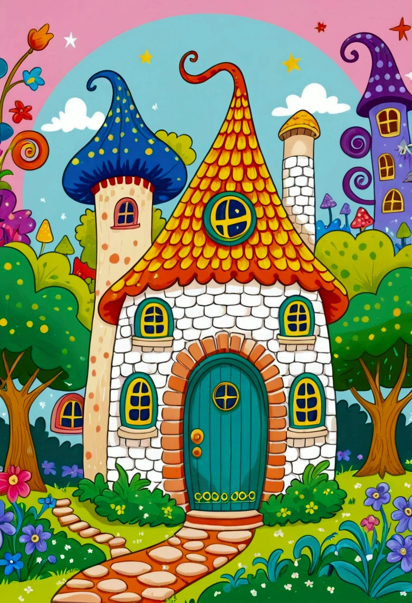 Cartoon fairy tale house，There is a door and a door with a window, Colorful book illustration, Colorfull illustration, Coloring books page, Fantasy Colors, Full color illustrations, Colorful illustrations, clean Coloring books page, Drawn in a whimsical style, Fairy tale illustration style, Color illustrations, Fairy tale illustration, Fairy tale illustration, artwork, Coloring Pages, Magical fairy tale background, Coloring books