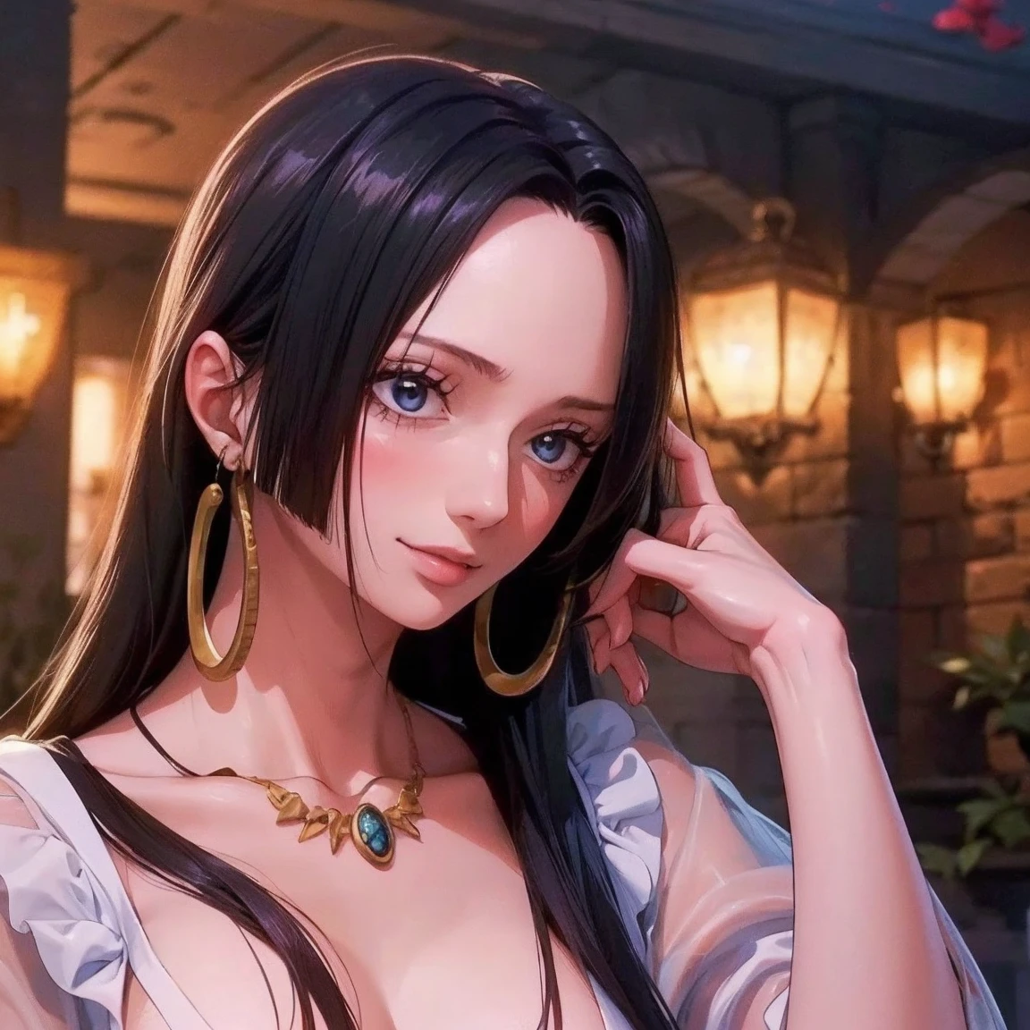 (((masterpiece))), (((best quality))), ((ultra-detailed)), (highly detailed CG illustration), Boa Hancock, , (masterpiece:1.5), Detailed Photo, Smiling, Sexy, (Best Quality: 1.4), (1girl), Beautiful Face, (Black Hair, long Hair: 1.3), Beautiful Hairstyle,  beautiful detail eyes, (realistic skin), beautiful skin, absurd, attractive, ultra high resolution, high definition, (sexually aroused:1.5), Pinkish white skin, cool white light, sexy pose, Beautiful , white background, pink soft white light, Wear a white dress