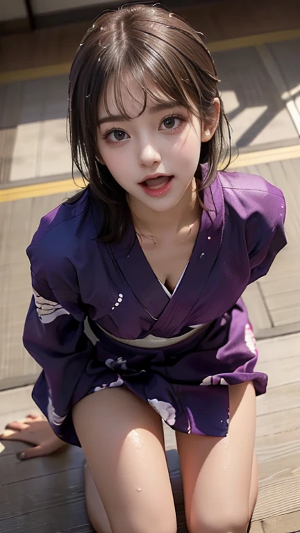 (((Best Quality))), ((masterpiece)), (detailed), ((solo)), (((((((1 high school girl wearing a yukata))))))), (((((Wet face and skin))))), (((Pure white skin))), ((((Angle of view that includes face and whole body)))), (((Well-formed face))), ((Big Eyes)), ((((((((Droopy eyes)))))))), ((Closer Eyes)), ((Glowing skin)), (((((Correct Anatomy))))), ((Spread your legs)), (((((Delicate and thin thighs))))), ((((Stylish bangs)))), ((Stylish hairstyle)), (((Slender and slim lower body))), ((((((Open Mouth)))))), ((((((Top view)))))), ((((((Lean forward and kneel on the floor)))))), ((((Cheek)))), (((((Showing tongue))))), ((((Tired look)))), chest, , ((Close-up)), ((Digital SLR)), ((((RAW Photos)))), Curvy,