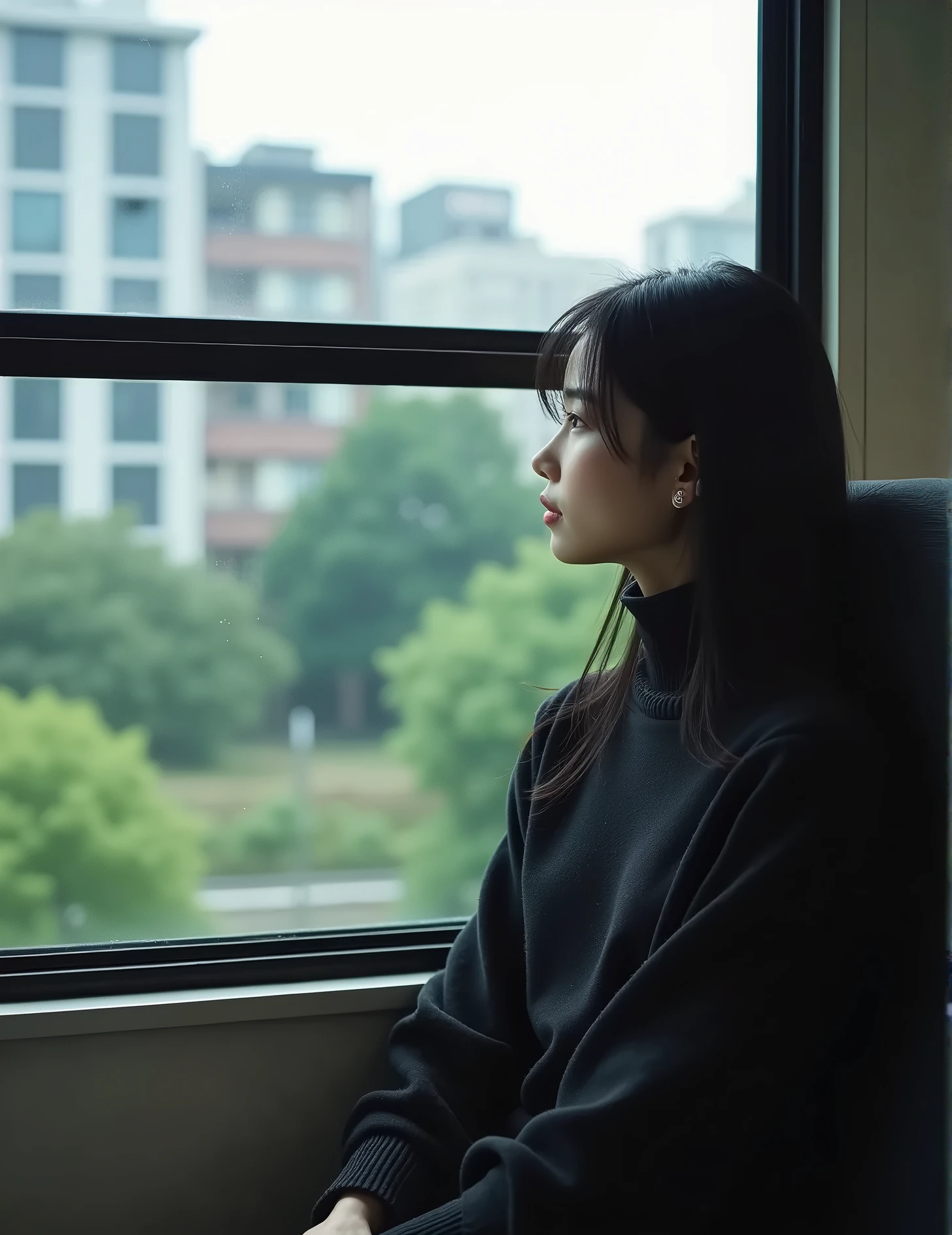 Araffe sitting on a train looking out a window at a city - SeaArt AI