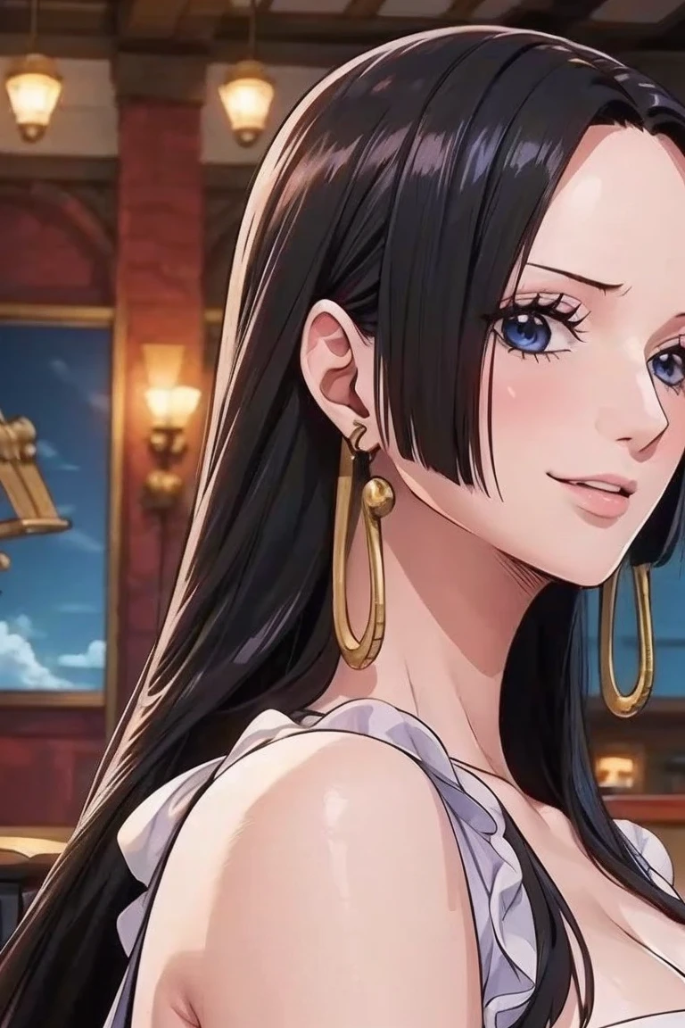 best quality, masterpiece, highly detailed,1girl, (detail light), Boa Hancock,, (masterpiece:1.5), Detailed Photo, Smiling,(8K, Photorealistic, Best Quality: 1.4), (1girl), Beautiful Face, (anime realistic Face), (Black Hair, long Hair: 1.3), Beautiful Hairstyle, Realistic eyes, beautiful detail eyes, (realistic skin), beautiful skin, absurd, attractive, ultra high resolution, ultra realistic, high definition, golden ratio, backwards, looking back, wearing only a sexy white apron