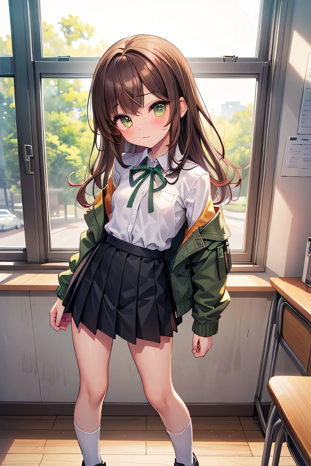 Kawaii moe anime, 1girl, solo, (**** tween girl:1.4) flat chested elementary schooler, primary schooler, ((caramel-brown hair), (bright amber eyes:1.2)), intelligent expression, subtle blushing, flat chested figure, preadolescent prepubescent ****con body, (flat breasts:1.4), (wearing her short sleeved white school uniform with forest green ribbon on chest, paired with black skirt, white socks and black shoes, and a green jacket). She stands in front of a window in a classroom, looking at the camera with curiosity, soft lighting from window, height of 42 inches, (childlike appearance and body:1.4), close up portrait, tiny, unity 8k ultra detailed,beautiful detailed eyes,extremely detailed face,beautiful detailed hands