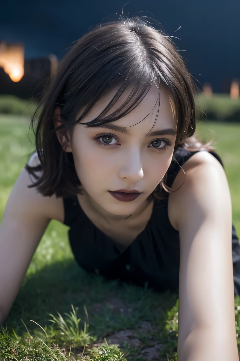 1 girl, (She is wearing a gothic black dress.:1.2), Very beautiful Japanese idol portraits, (RAW Photo Best Quality), (Realistic, Realistic:1.4), (masterpiece:1.4), 
Very delicate and beautiful, Very detailed, 2k wallpaper, wonderful, finely, Very detailed CG Unity 8K wallpaper, Very detailed, High resolution, Soft Light, 
Beautiful detailed girl, Very detailed目と顔, Beautiful and elegant nose Beautiful and beautiful eyes, Cinema Lighting, 
(She lies in front of a ruined medieval castle:1.3), (Night Sky, milky way), (Dark screen:1.5), (Desolate landscape), (I am so lonely),
(Medium Hair), (Disheveled Hair), (Lying on the ground:1.5), (Upper Body),
Perfect Anatomy, Slender body, Small breasts