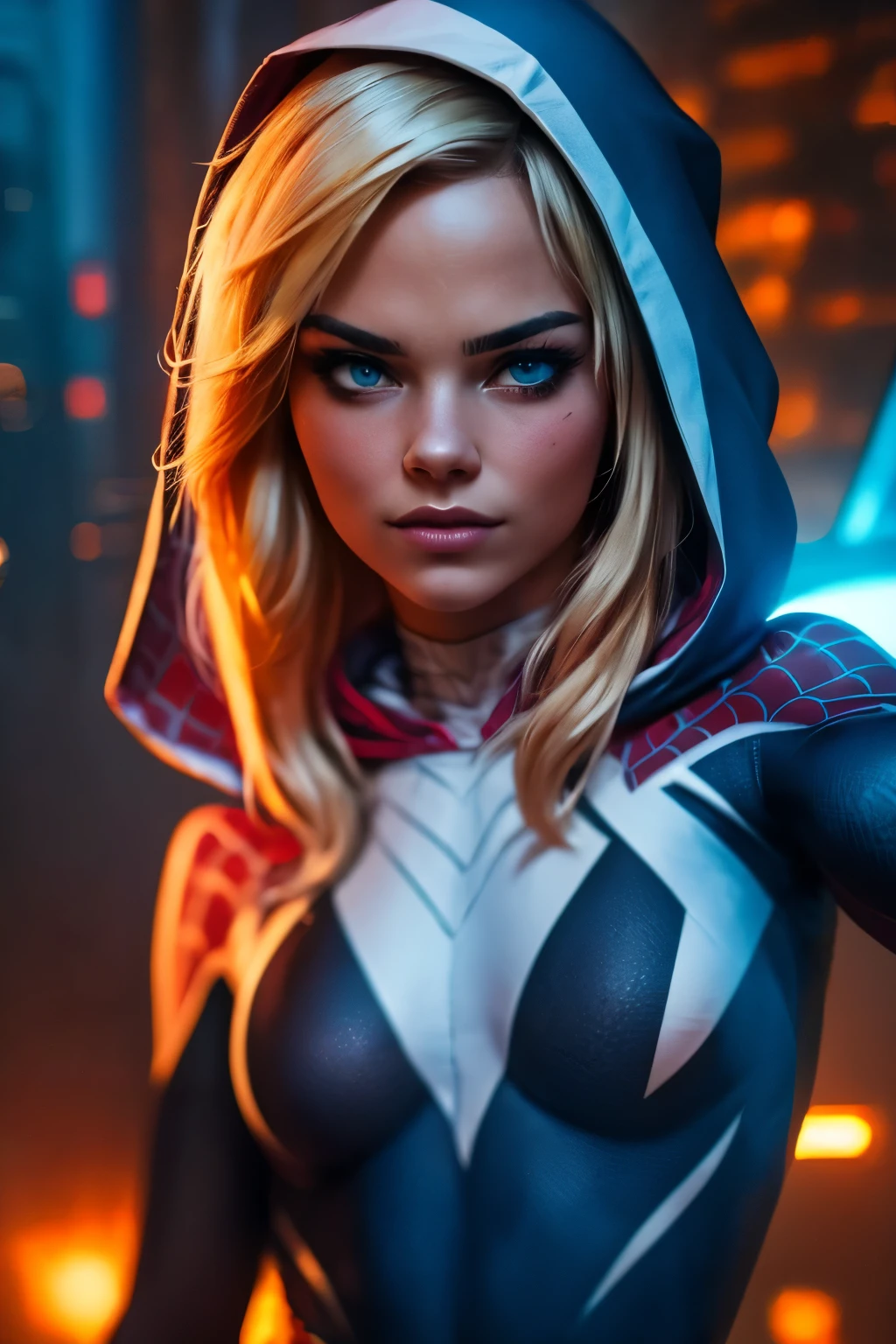 ((a teenage girl, ****, babe face)), with blonde hair, Wearing spider-gwen suit with hood, detailed facial features, beautiful detailed eyes, beautiful detailed lips, extremely detailed face, dynamic spider-themed superhero pose,web-slinging action, futuristic cityscape background, neon lighting, cinematic lighting, dark and moody atmosphere, rich colors, vibrant, digital art, 8k, hyper detailed, photorealistic, masterpiece. ((colorful lights)). 