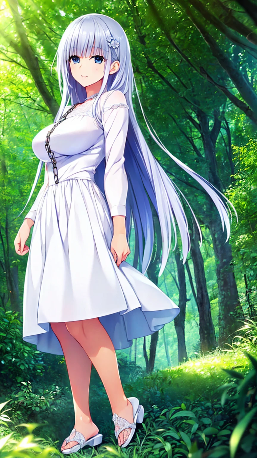 1 lady in the distance, (((ultra quality, ultra detailed, ultra highresolution, Hires.fix, ultra delicate, extreme detailed, 8k))), masterpiece, anime, anime screencap, sharp focus and crisp quality, (((brightly colored))), solo, (((distant view))), (((in the lush forest))), sunlight filtering through the foliage, standing, close stance, full body, looking away, (((beautiful detailed face))), (((beautiful detailed eye))), (((beautiful body))), long silver hair, vaguely shining hair, blunt bangs, straight hair, (((hair ornaments))), hair chains, blue eyes, kind smile, shiny skin, wearing white ball gown outfit, long sleeve, (((white sandal))), medium breasts