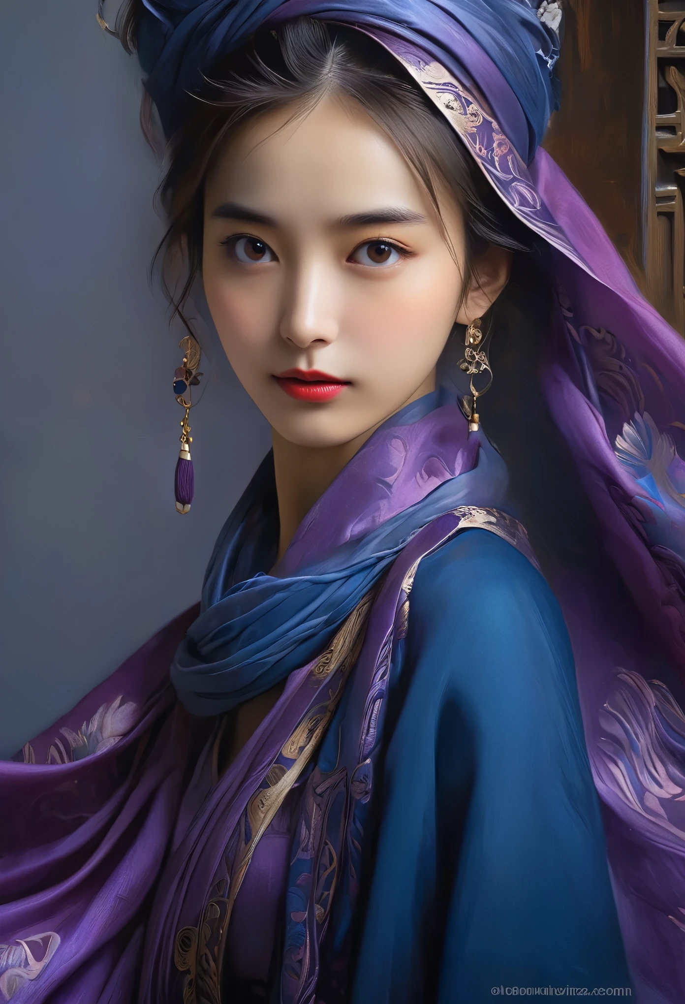 A woman in a dark blue dress with a long purple scarf, Beautiful Woman Photos, Beautiful fantasy empress, Jan J, style of Art Gelm, Art Gelm and ruan jia, extremely detailed Art Gelm, trending Art Gelm, Art Gelm.  ruan jia and Art Gelm, Inspired by Fuhua, Art Gelm detailed