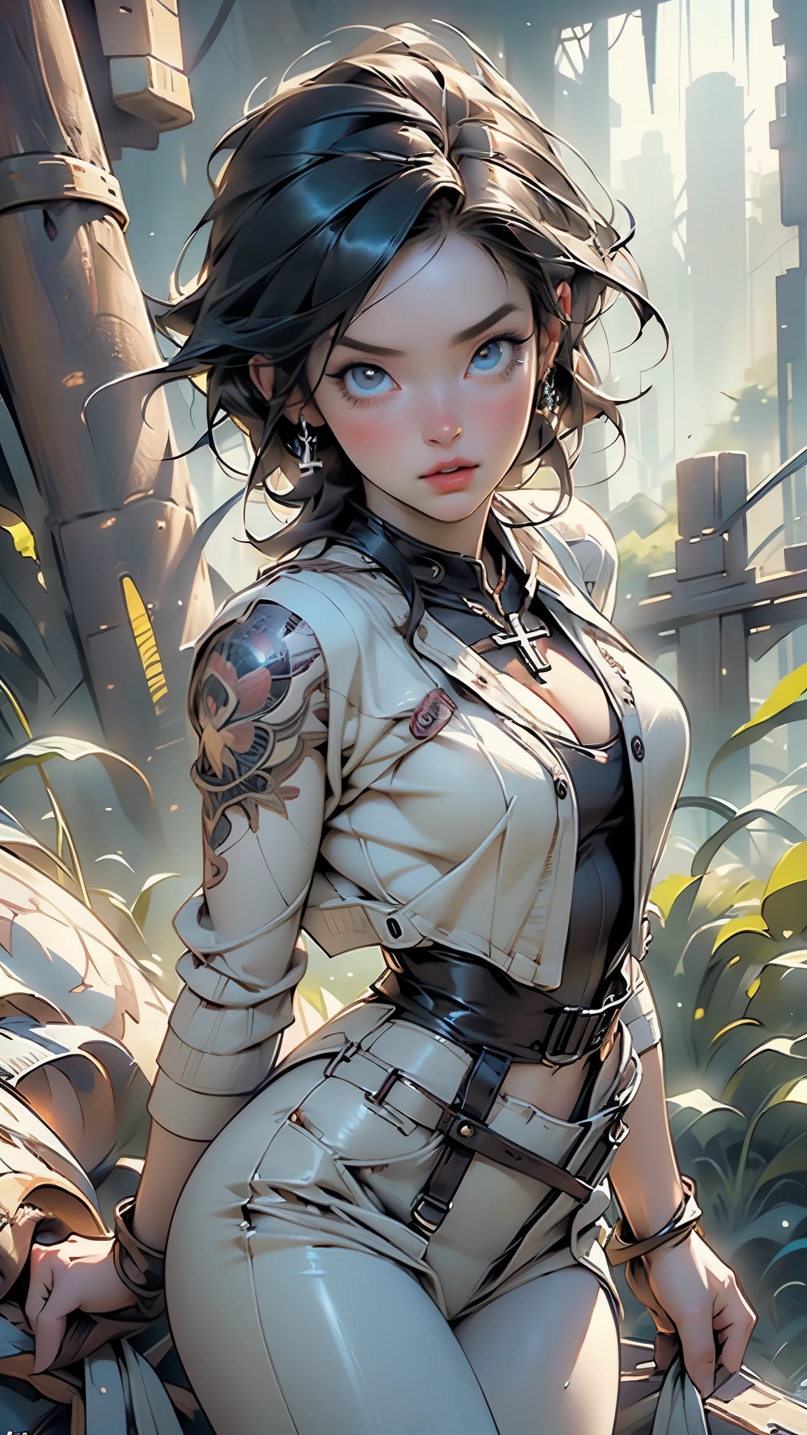 tmasterpiece,Best quality at best,Dense jungle,Rough and damp trees,Rough vines,weeds,florals,(Beautiful adventurer standing in front of a Tyrannosaurus rex,closeup cleavage),(((camouflage uniform))),super-fine,Works of masters,high qulity,8K分辨率,depth of fields,电影灯光,Epic shooting